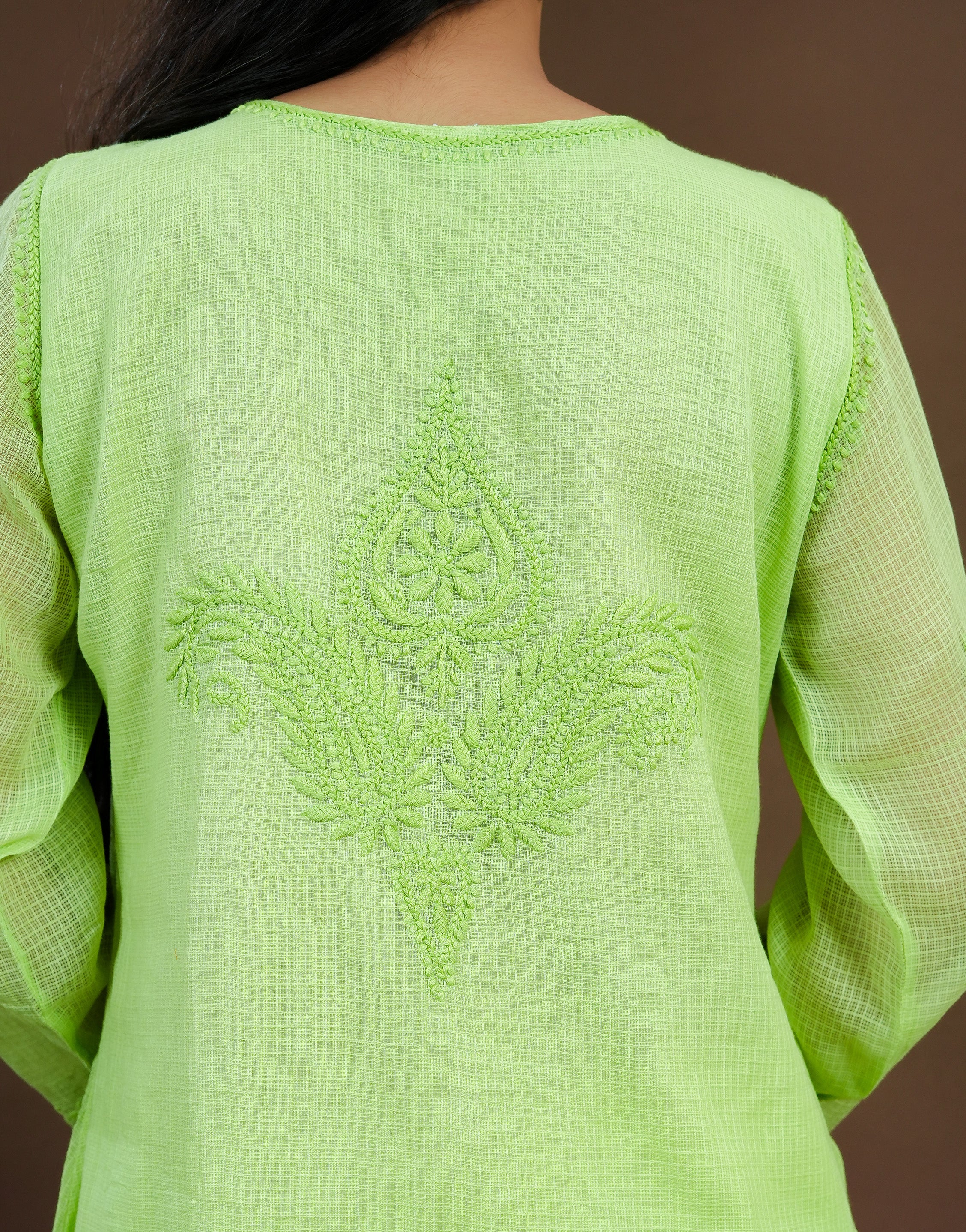 Urviya Chikankari Kota Doria Long Kurti - Shrug Style Green