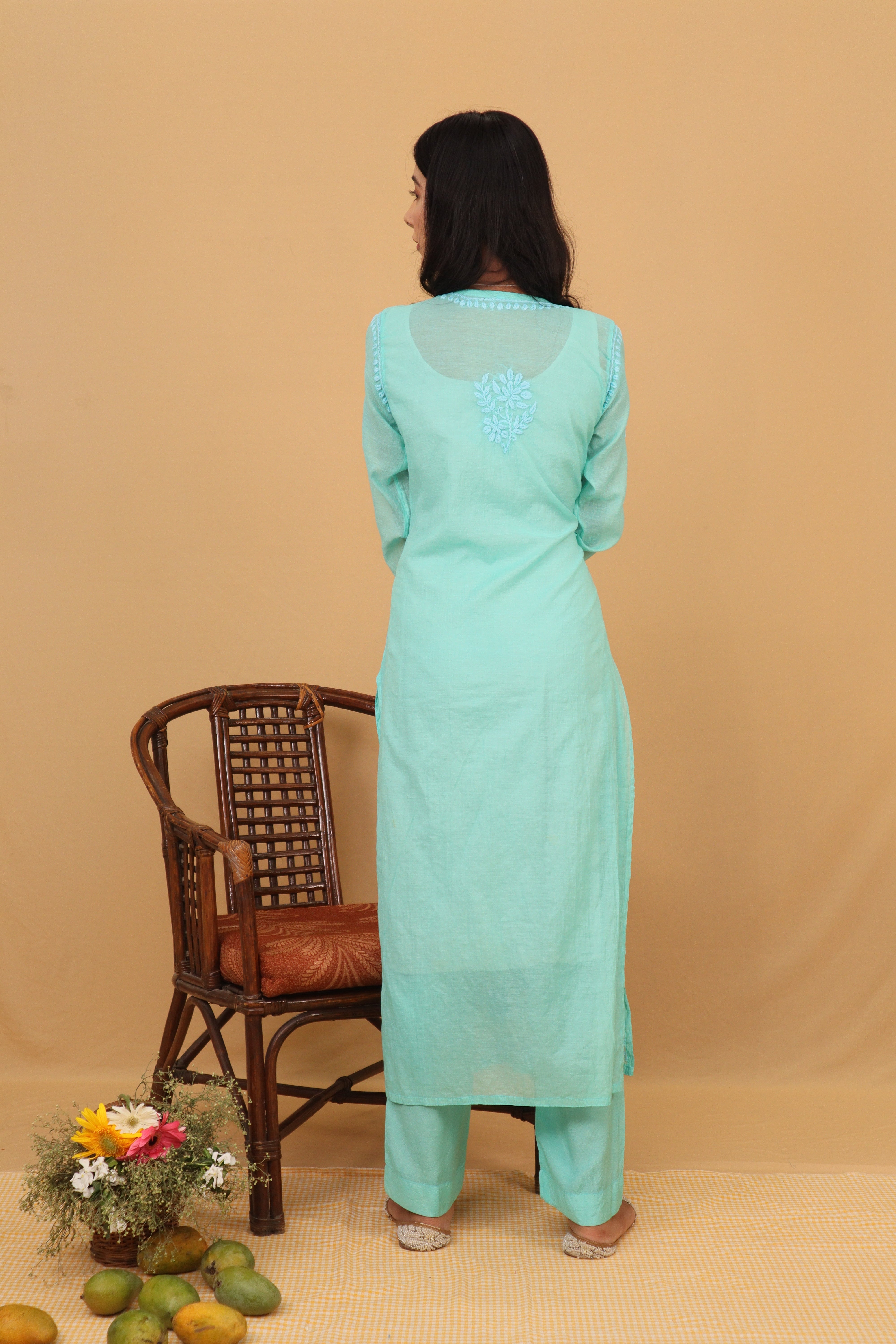 Sea Blue Mul Chanderi Long Kurti 2 Piece Set