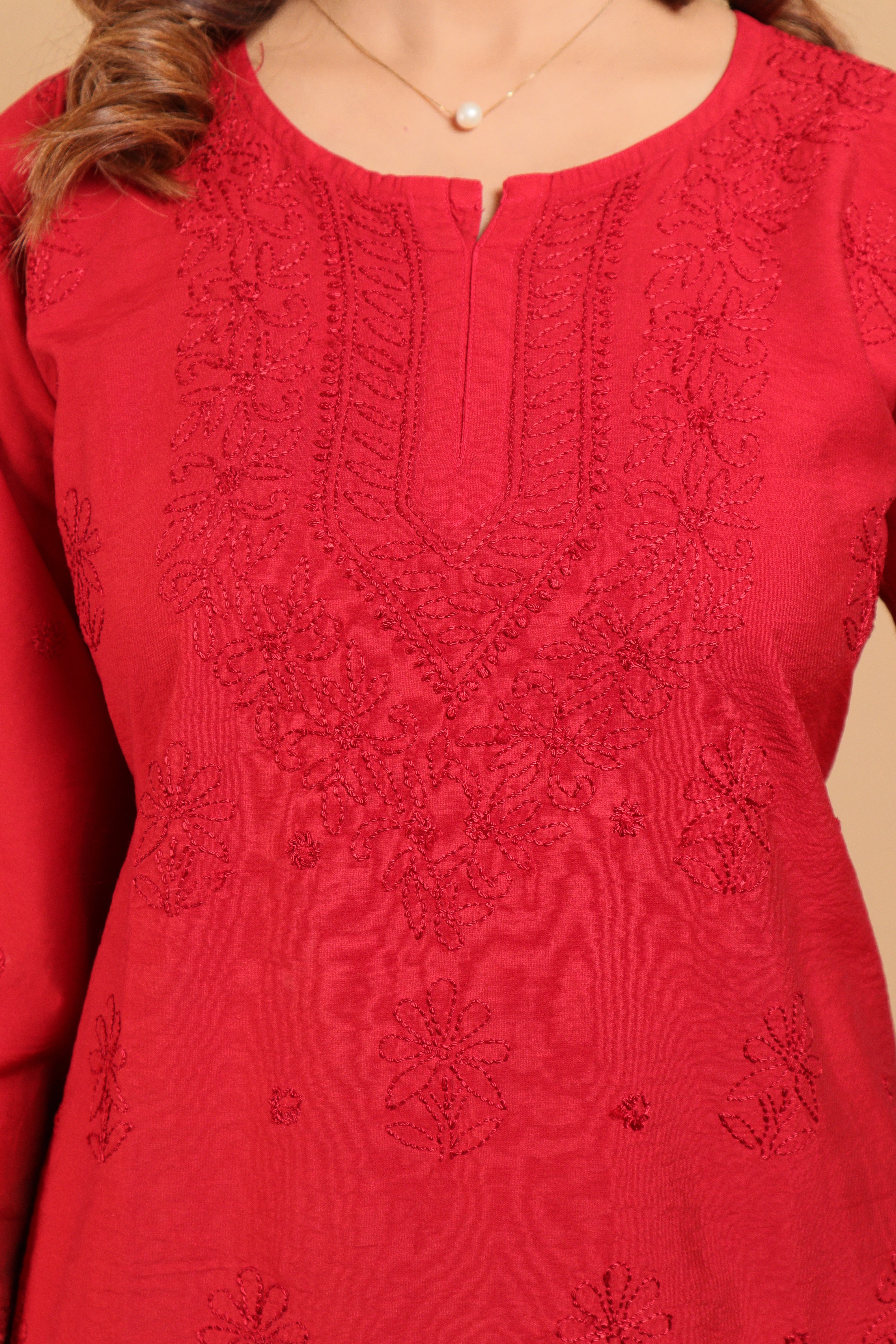 Red Chanderi Short Kurti 2 Piece Set