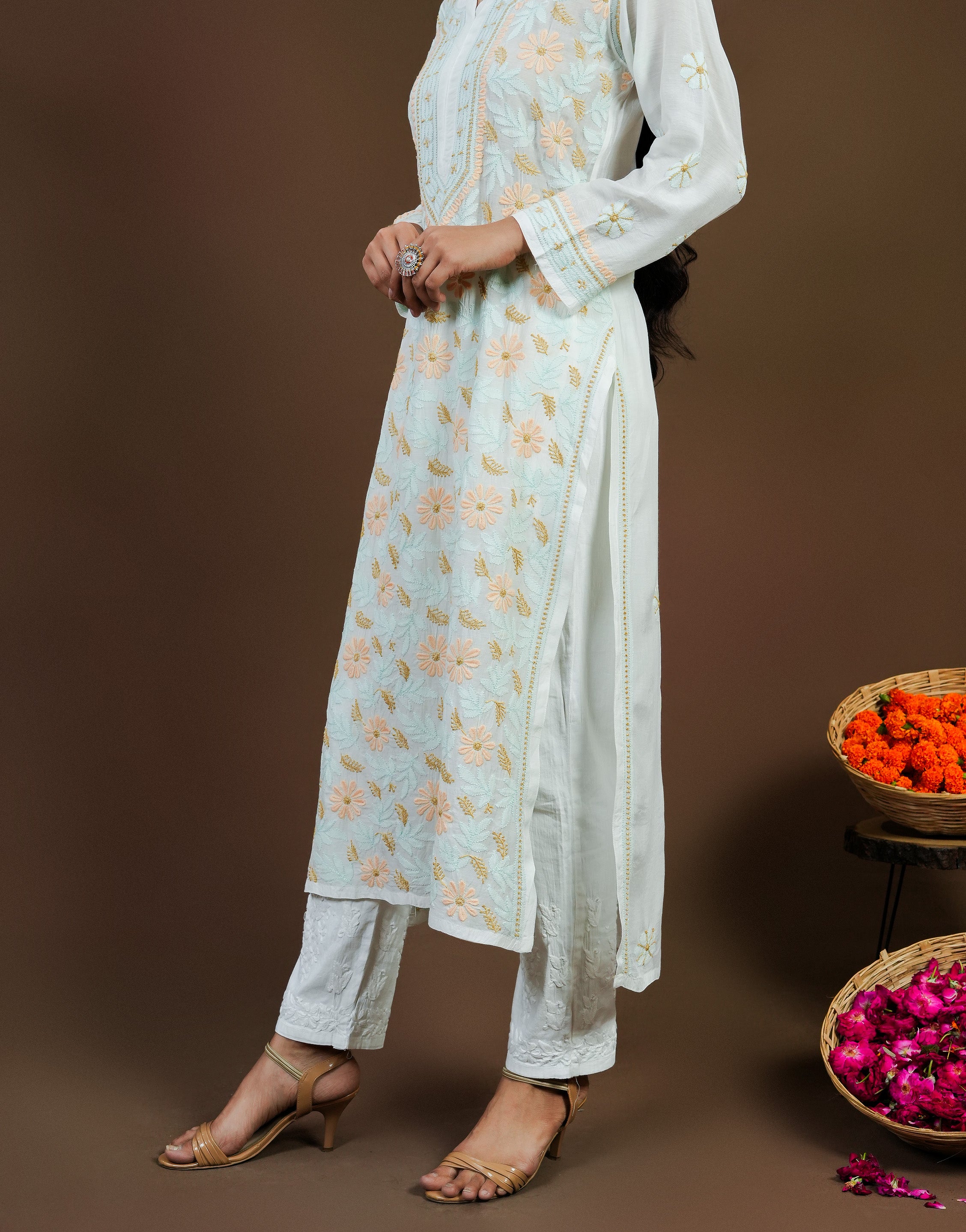 Urviya Chikankari Muslin Long Kurti Blue -  Colour Thread