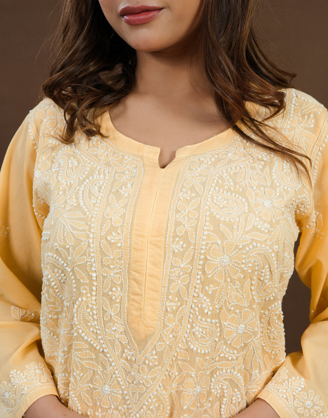 Urviya Chikankari Mul Cotton Long Kurti - Full Jaal Yellow