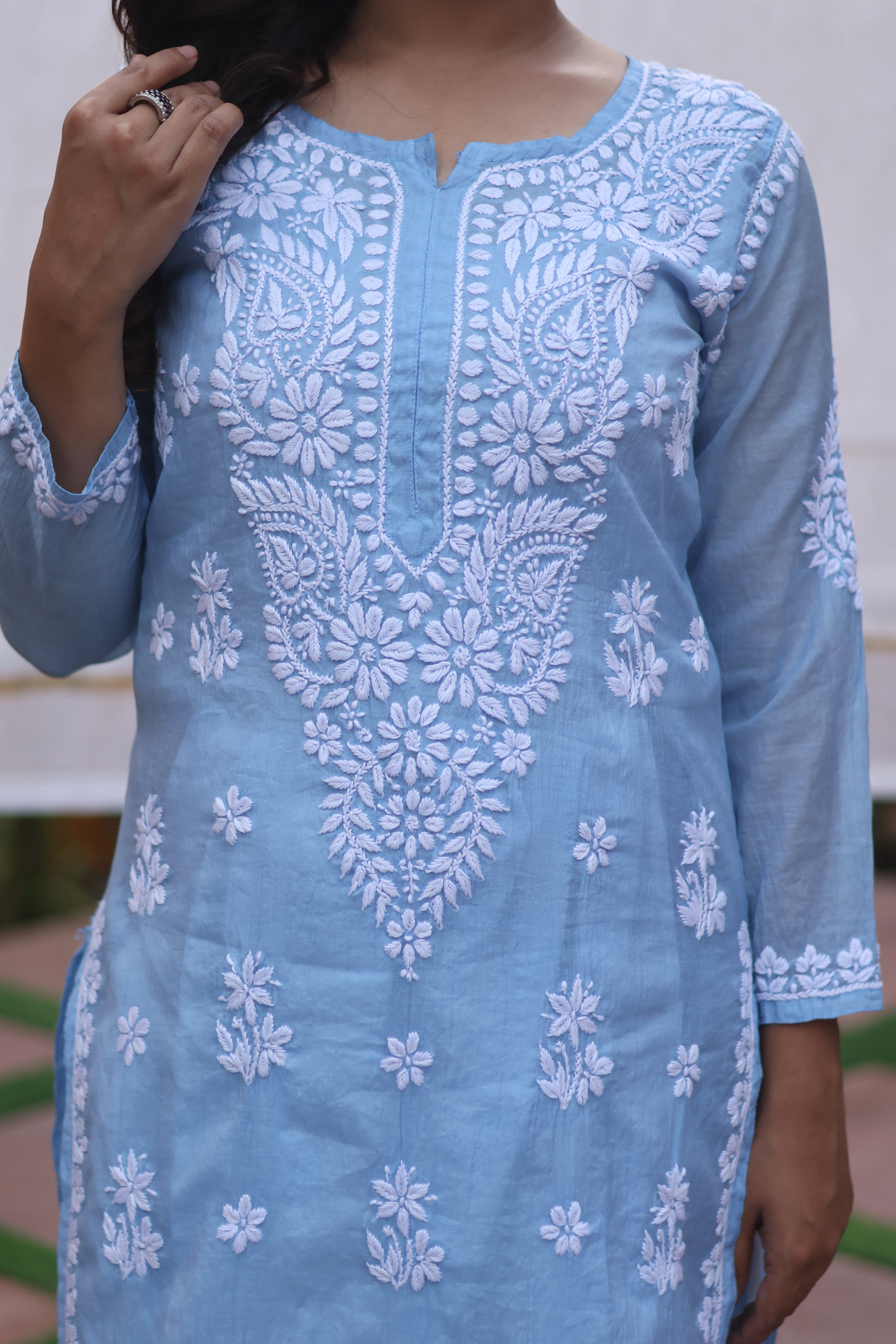Blue Mul Chanderi Ghaspatti 3 Piece Set