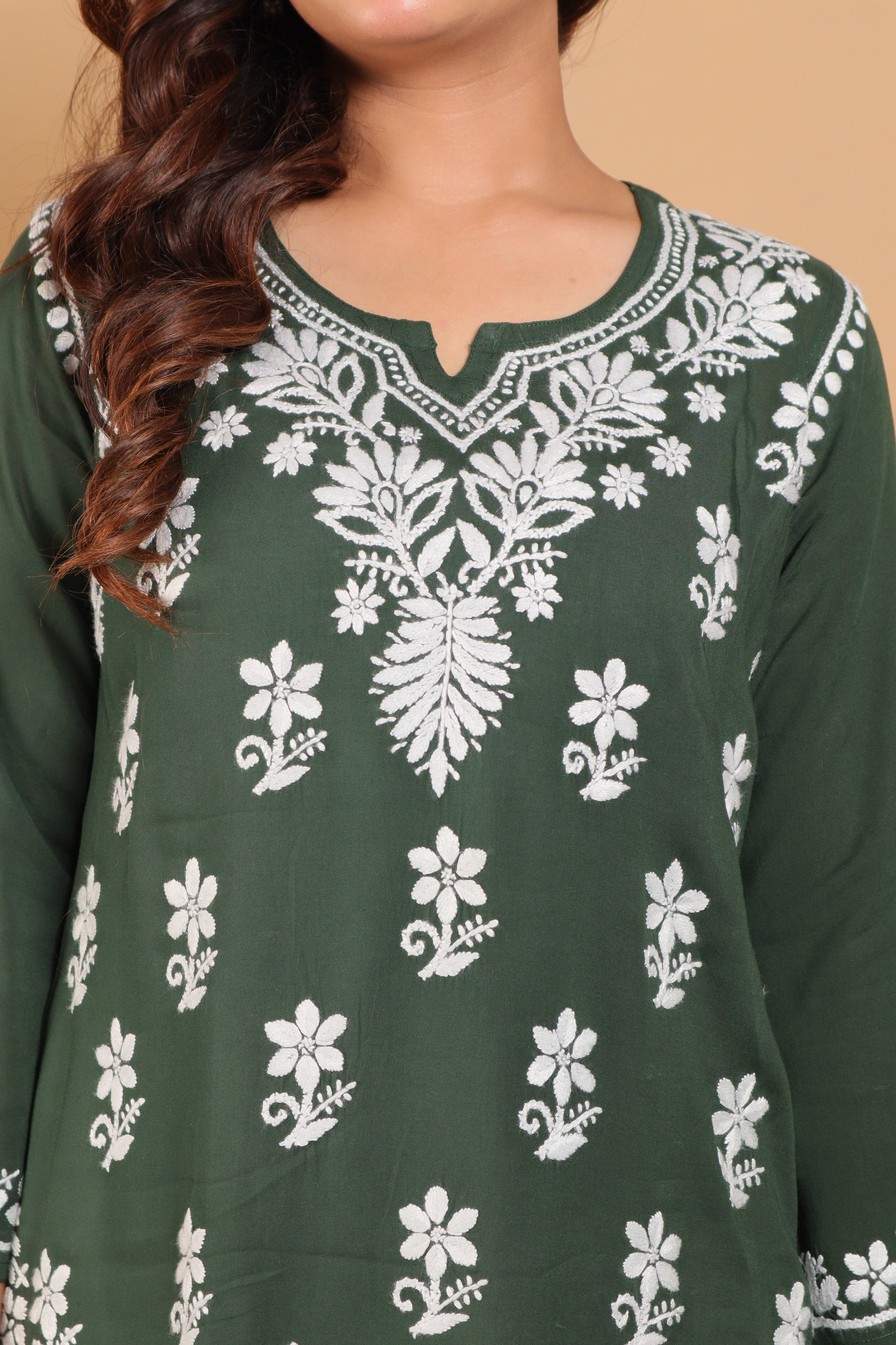 Dark Green Rayon Short Kurta Gala Boota 3 Piece Set