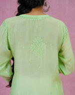 Urviya Chikankari Muslin Long Kurti - Ghaspatti Gala Bakhiya Boota Green