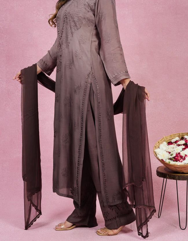 Urviya Chikankari Muslin 3 piece set - Bakhiya Ghaaspatti Work and Gala Boota Brown