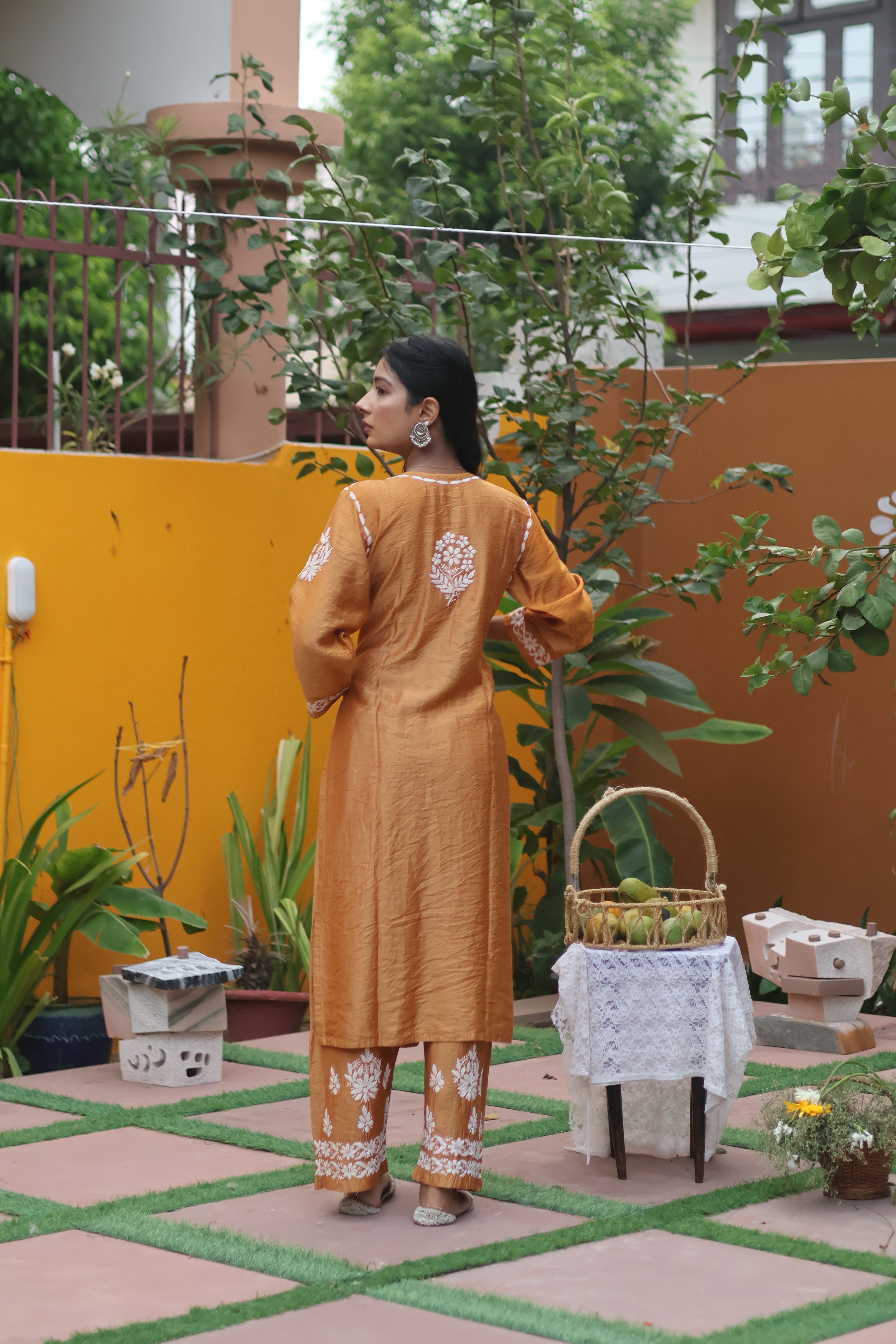 Mustard Chanderi White Thread Ghaaspatti 3 Piece Set