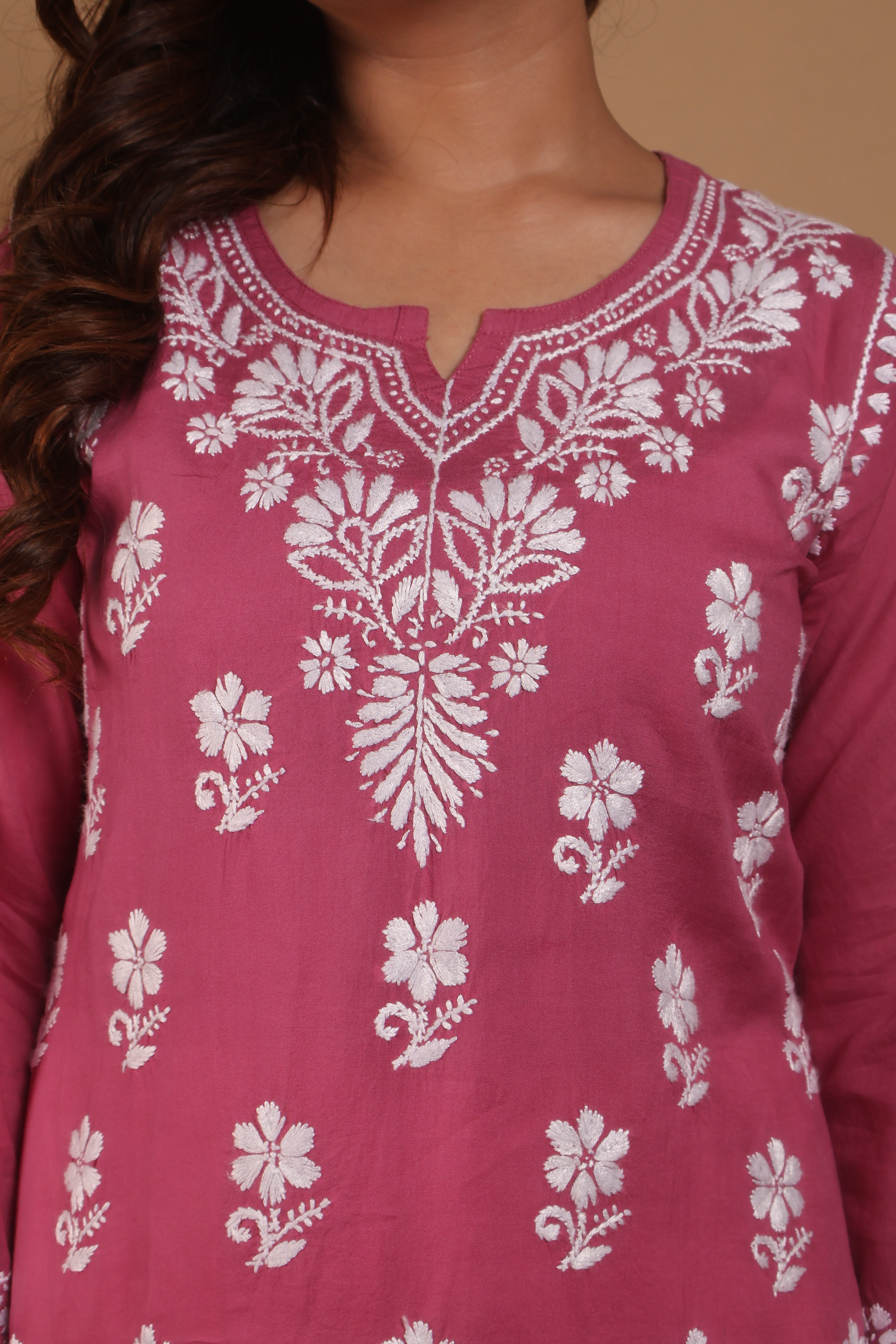 Peach Rayon Short Kurta Gala Boota