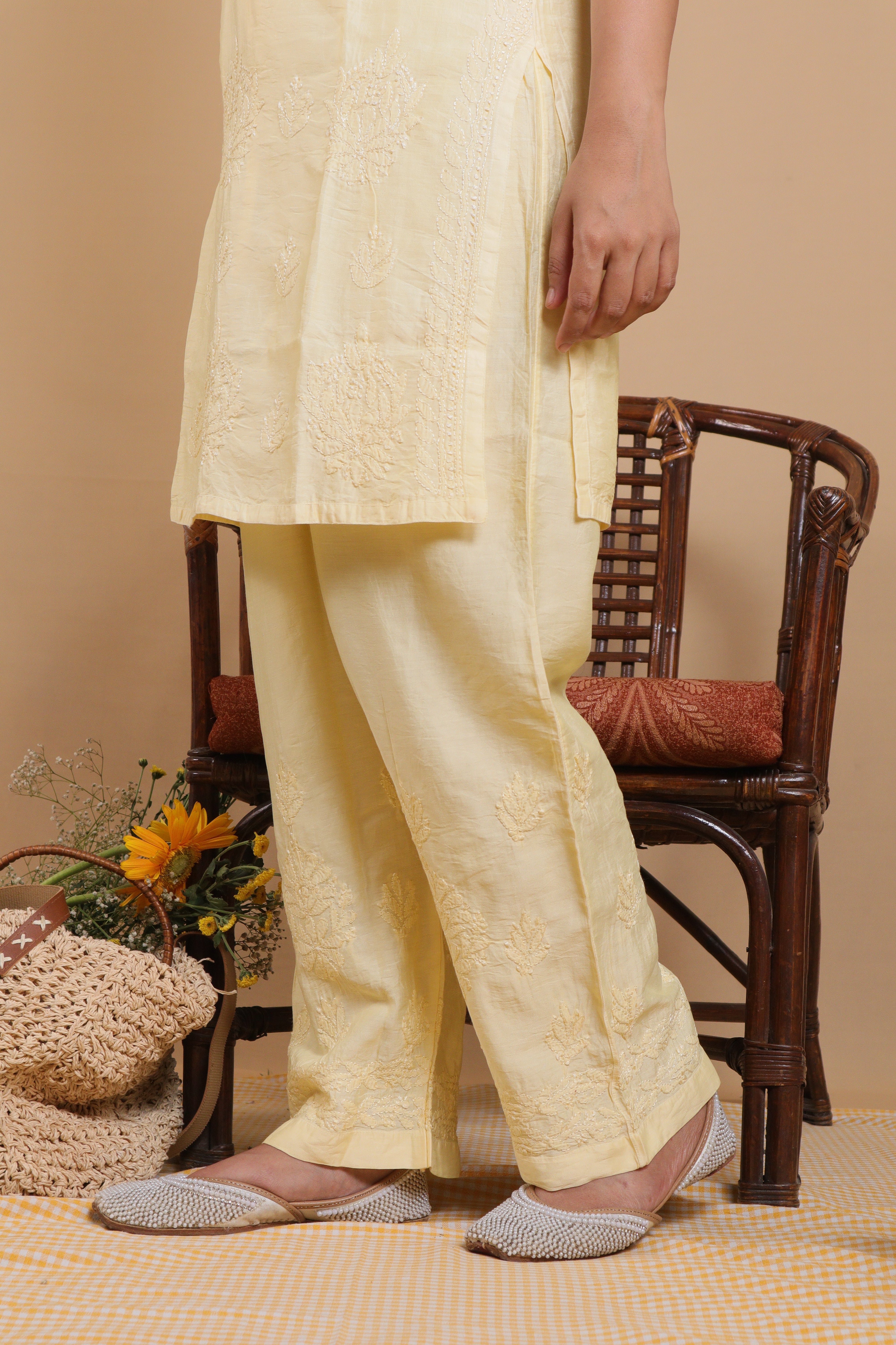 Yellow Chanderi Spaghetti Bakhiya 3 Piece Set