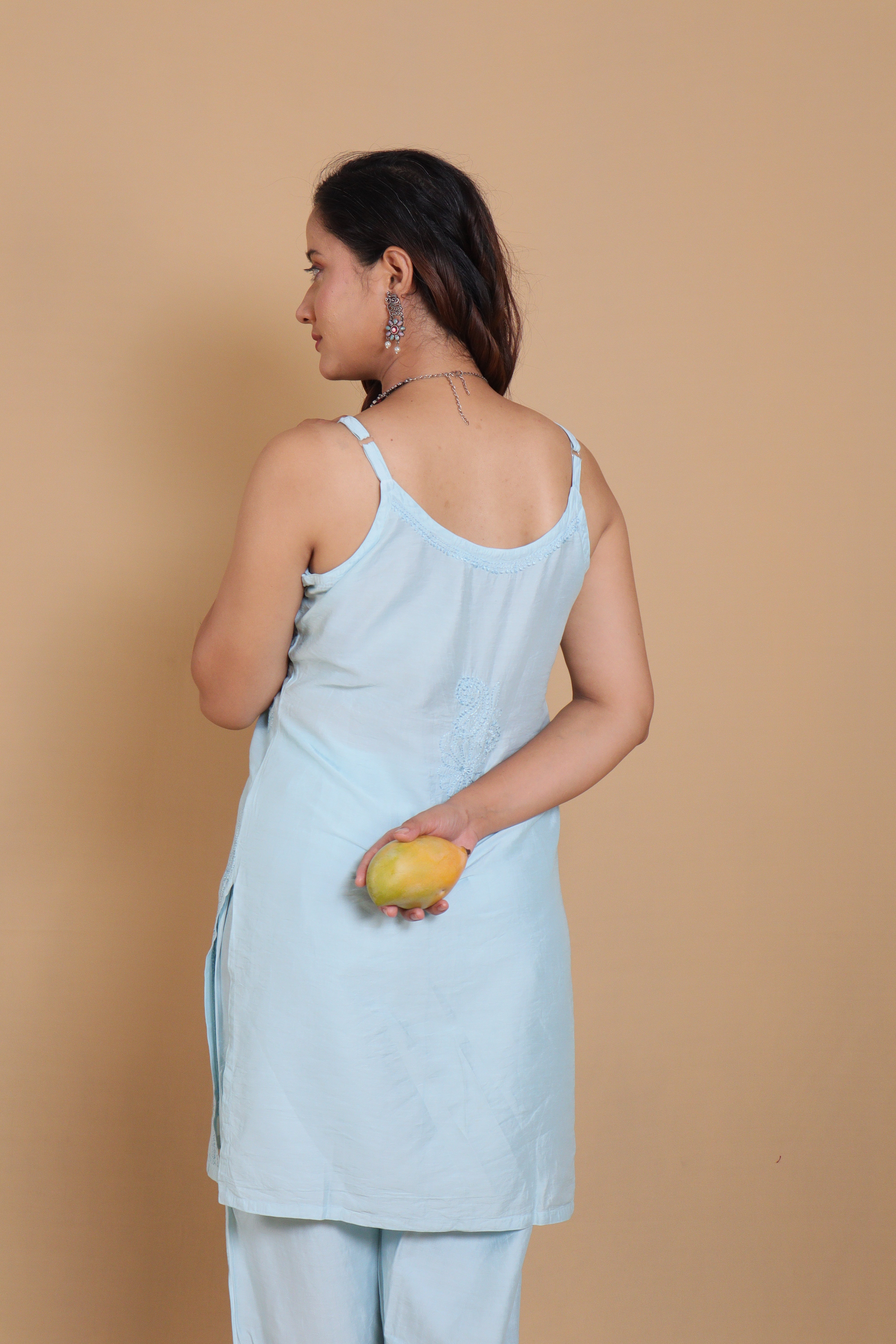 Blue Chanderi Spaghetti Bakhiya 3 Piece Set