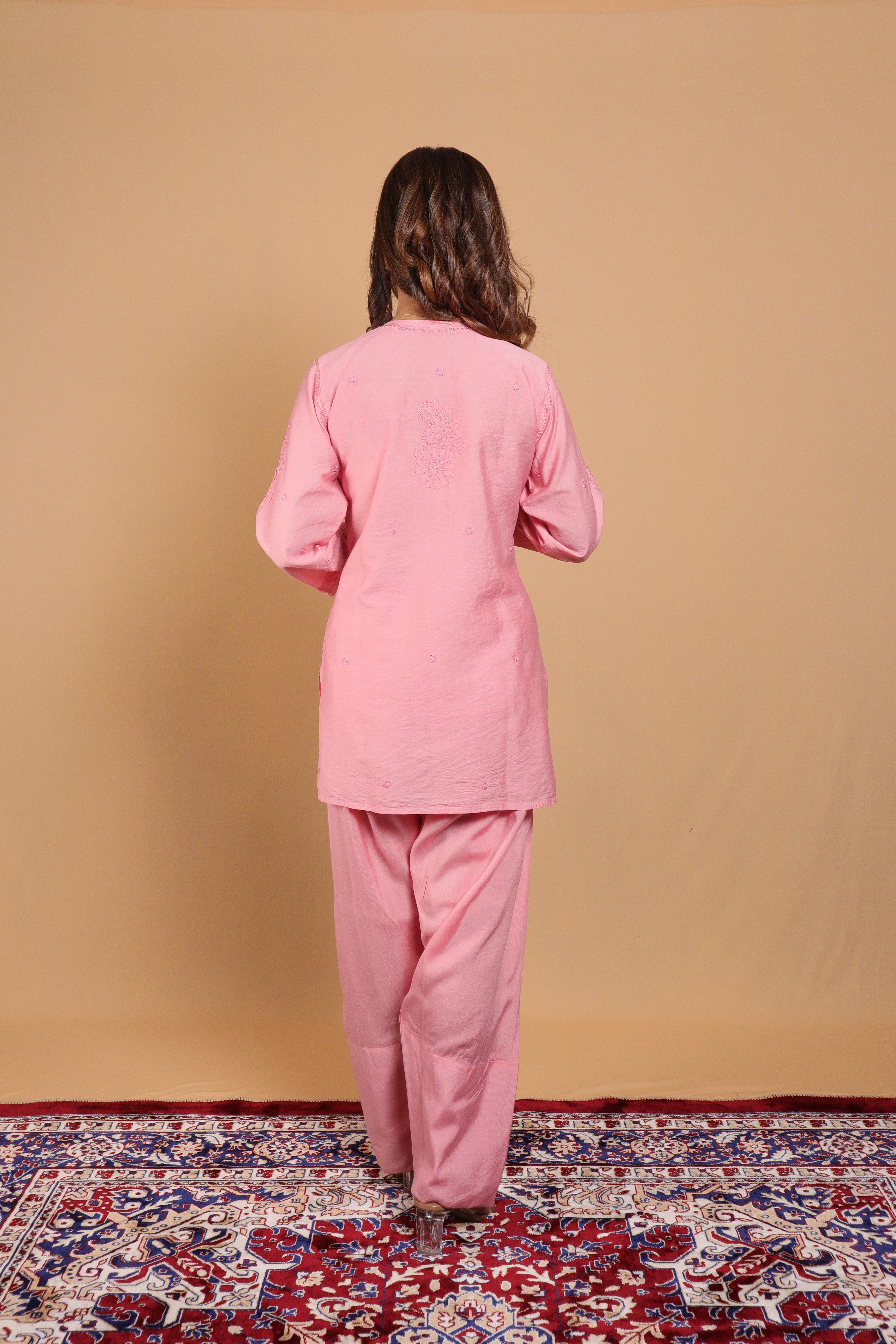 Peach Chanderi Short Kurti 2 Piece Set