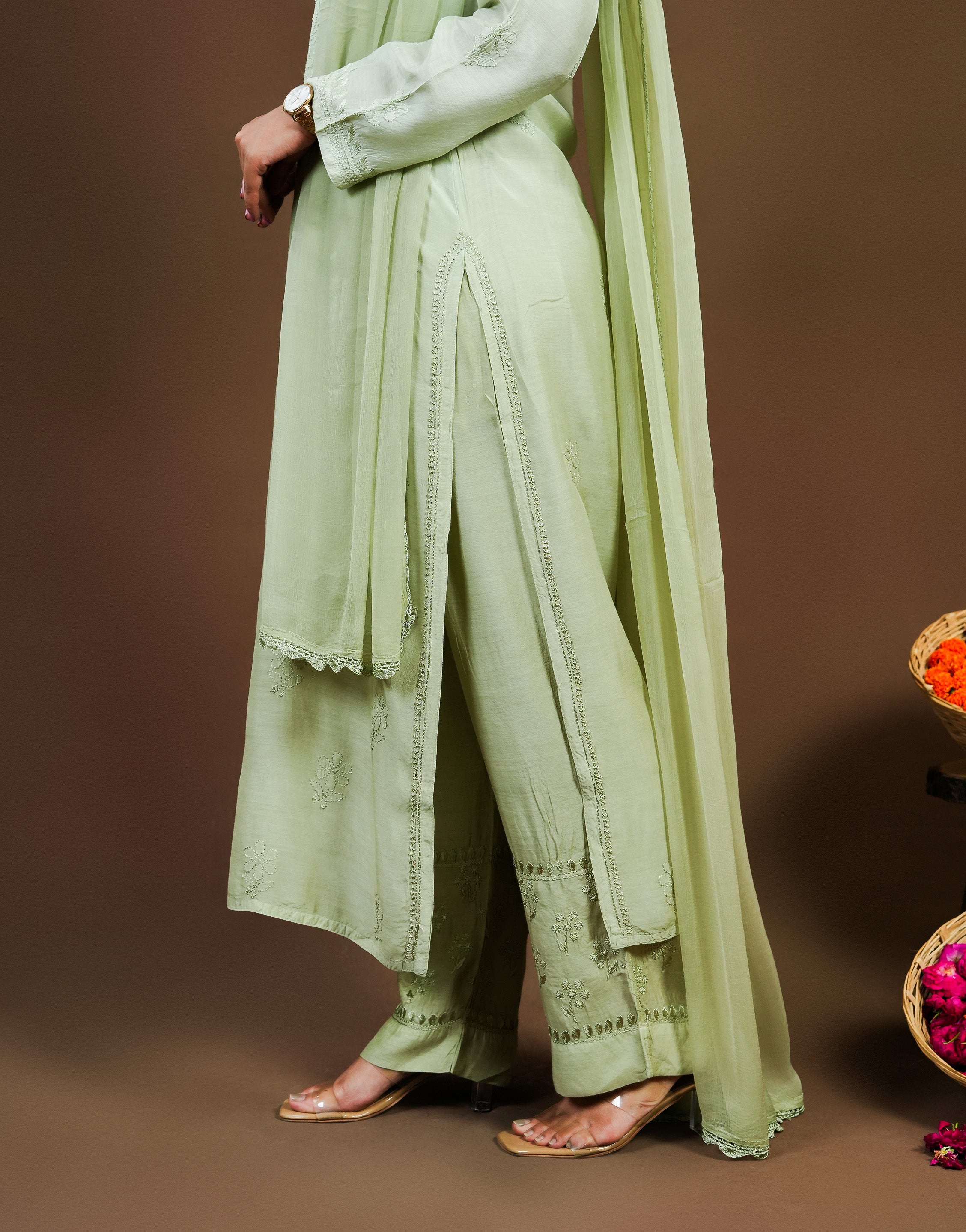 Urviya Chikankari Muslin 3 piece set - Bakhiya Ghaaspatti Work and Gala Boota Green