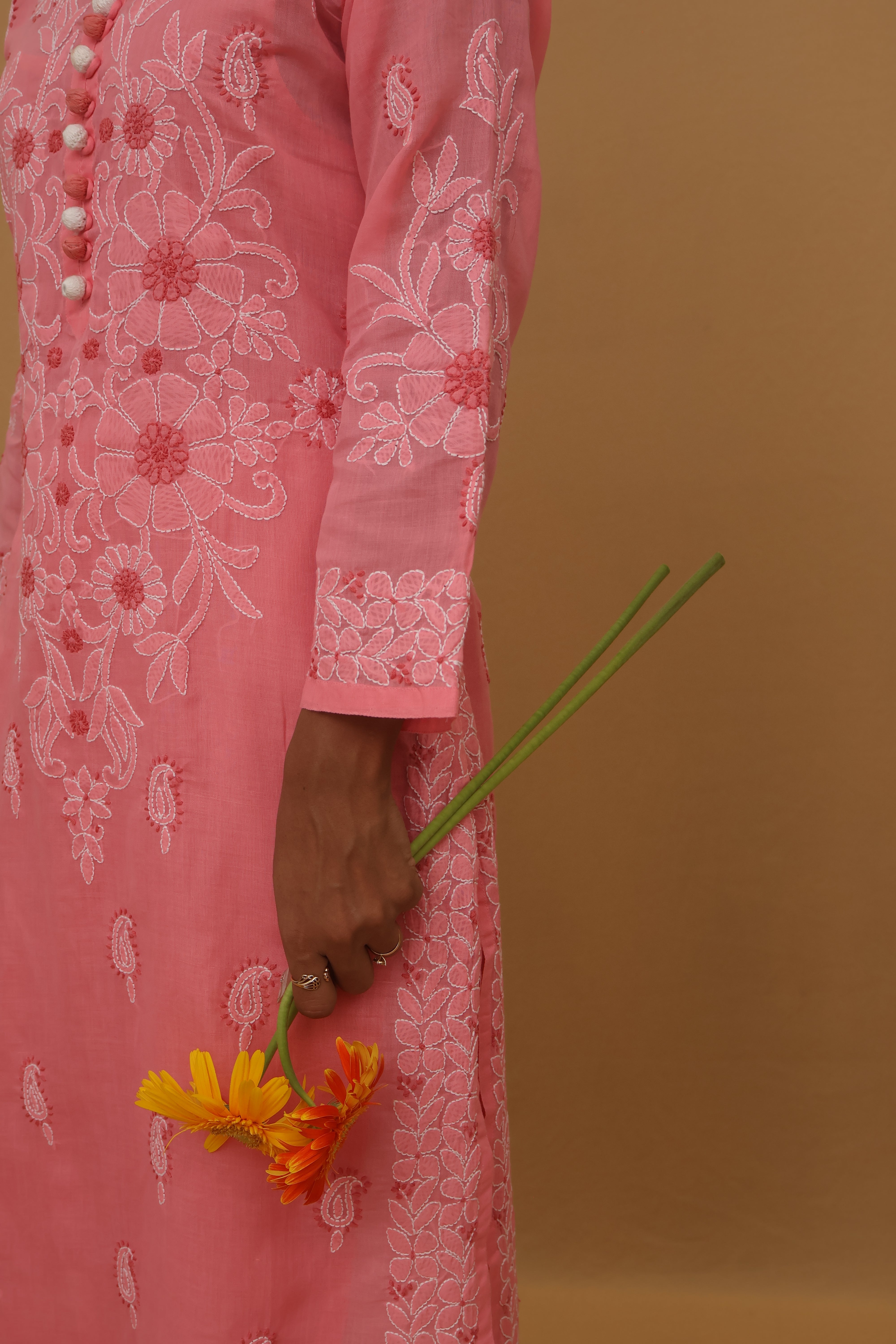 Pink Cotton Kurti with Buttons 2 Piece Set