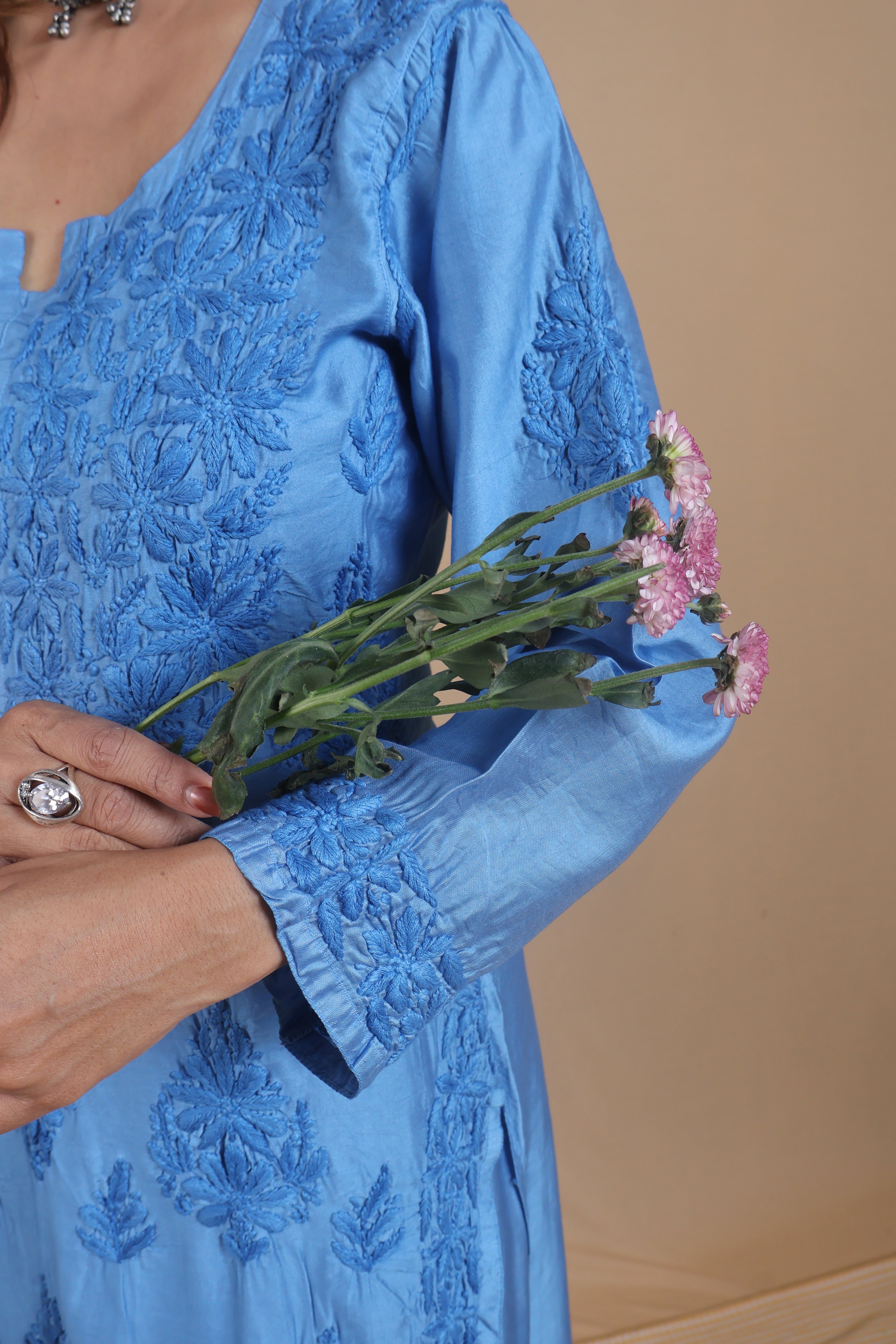 Blue Chanderi Ghaspatti 3 Piece Set