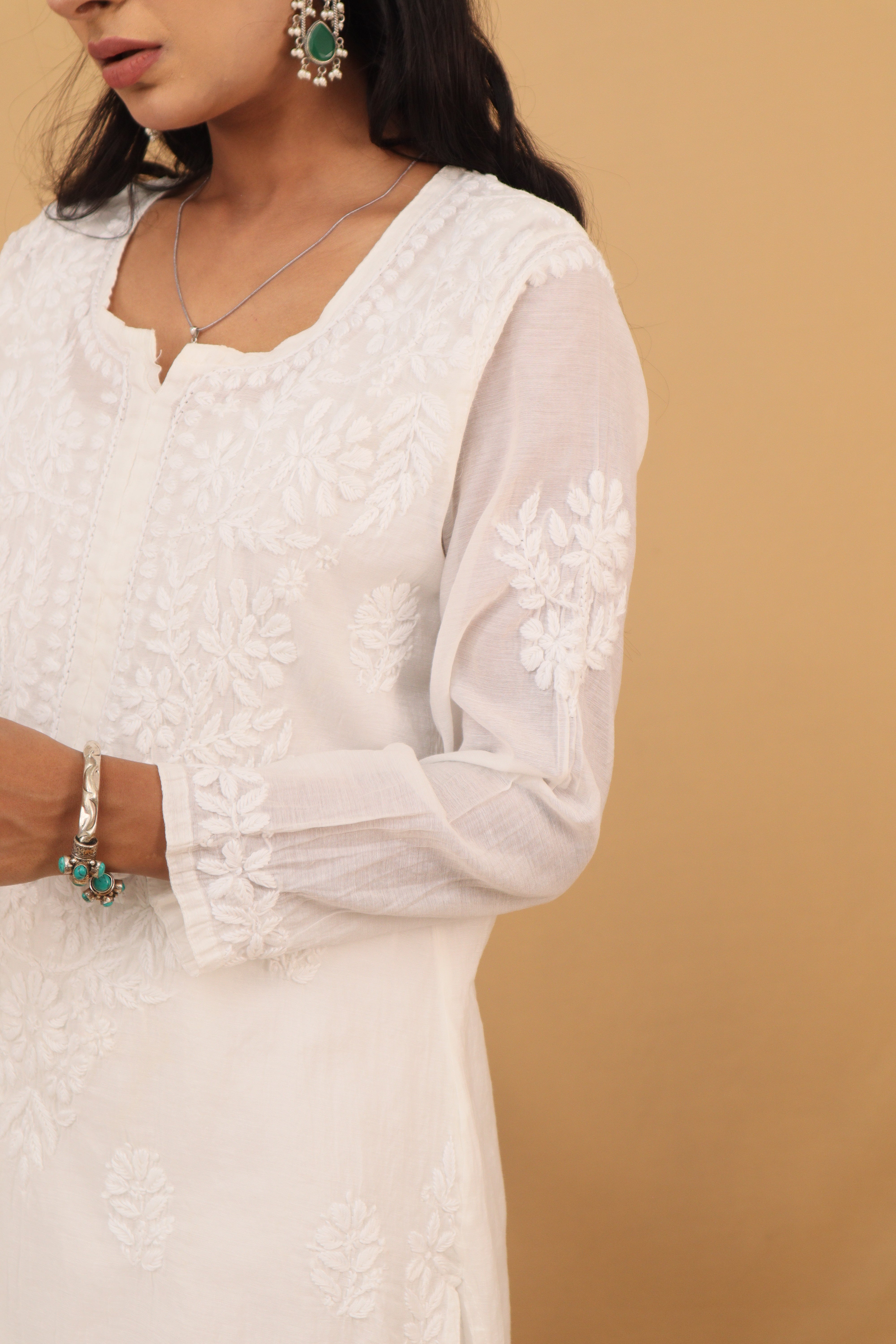 White Mul Chanderi Long Kurti 3 Piece Set
