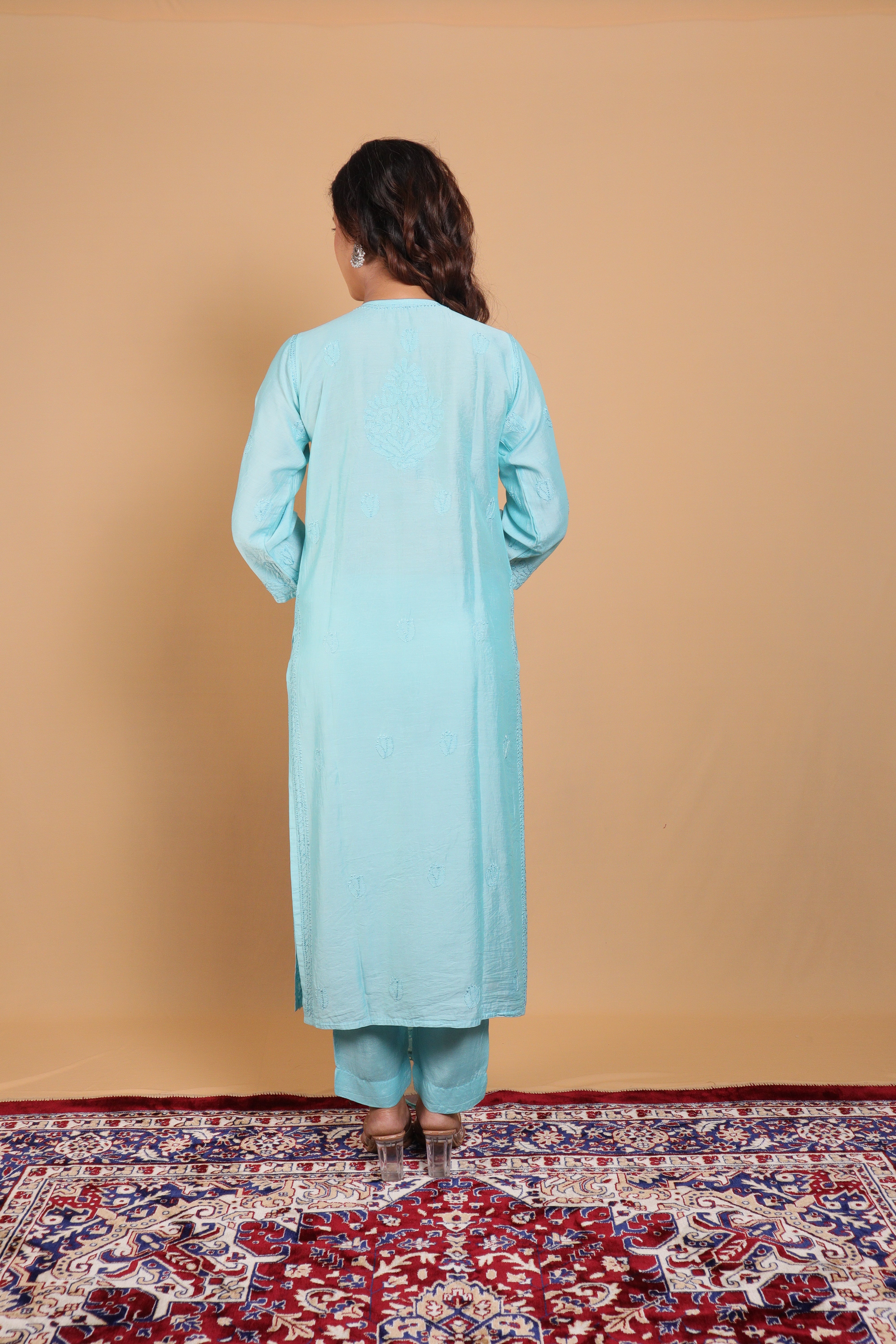 Sea Green Chanderi Long Kurti 3 Piece Set