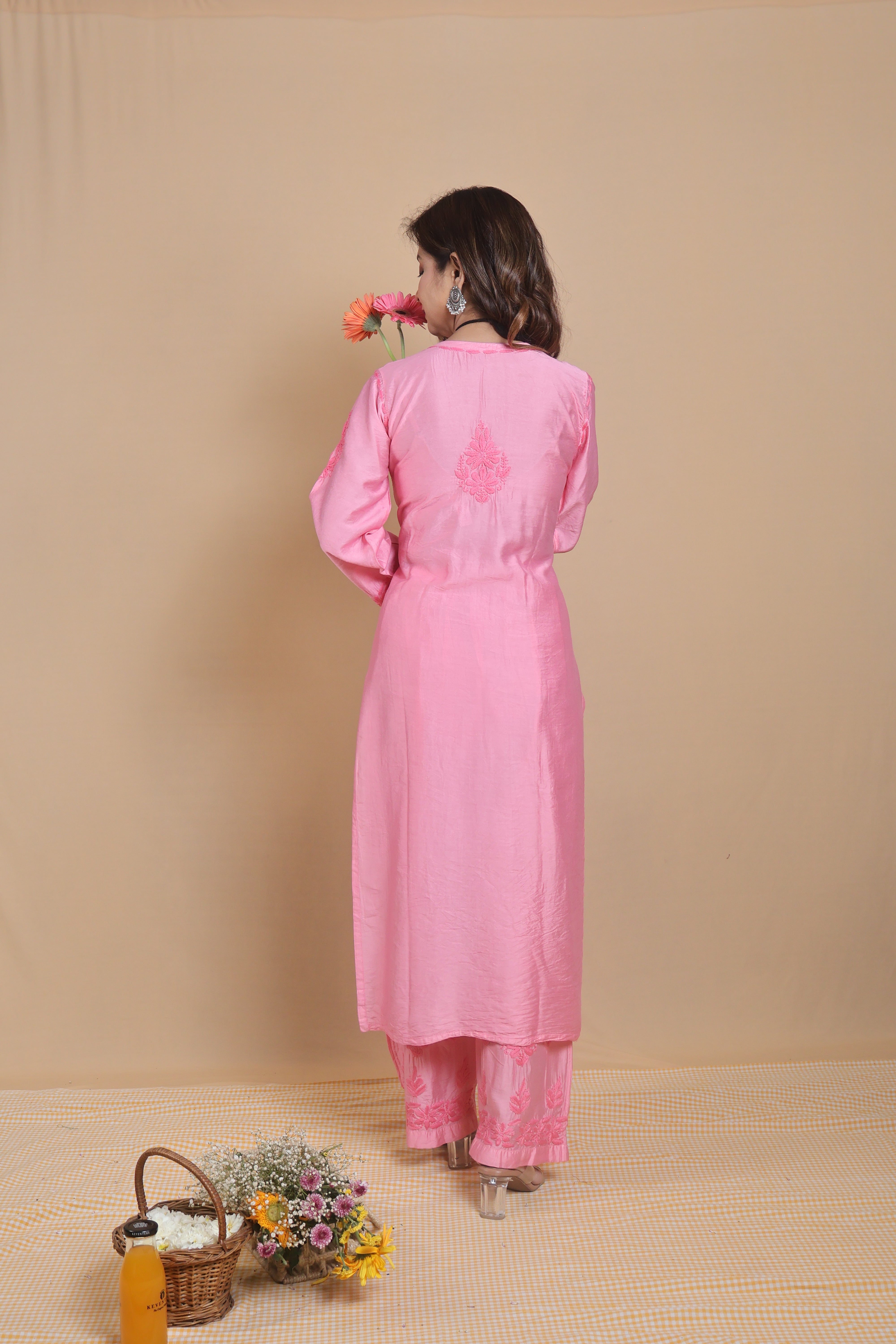 Pink Chanderi Ghaspatti 3 Piece Set