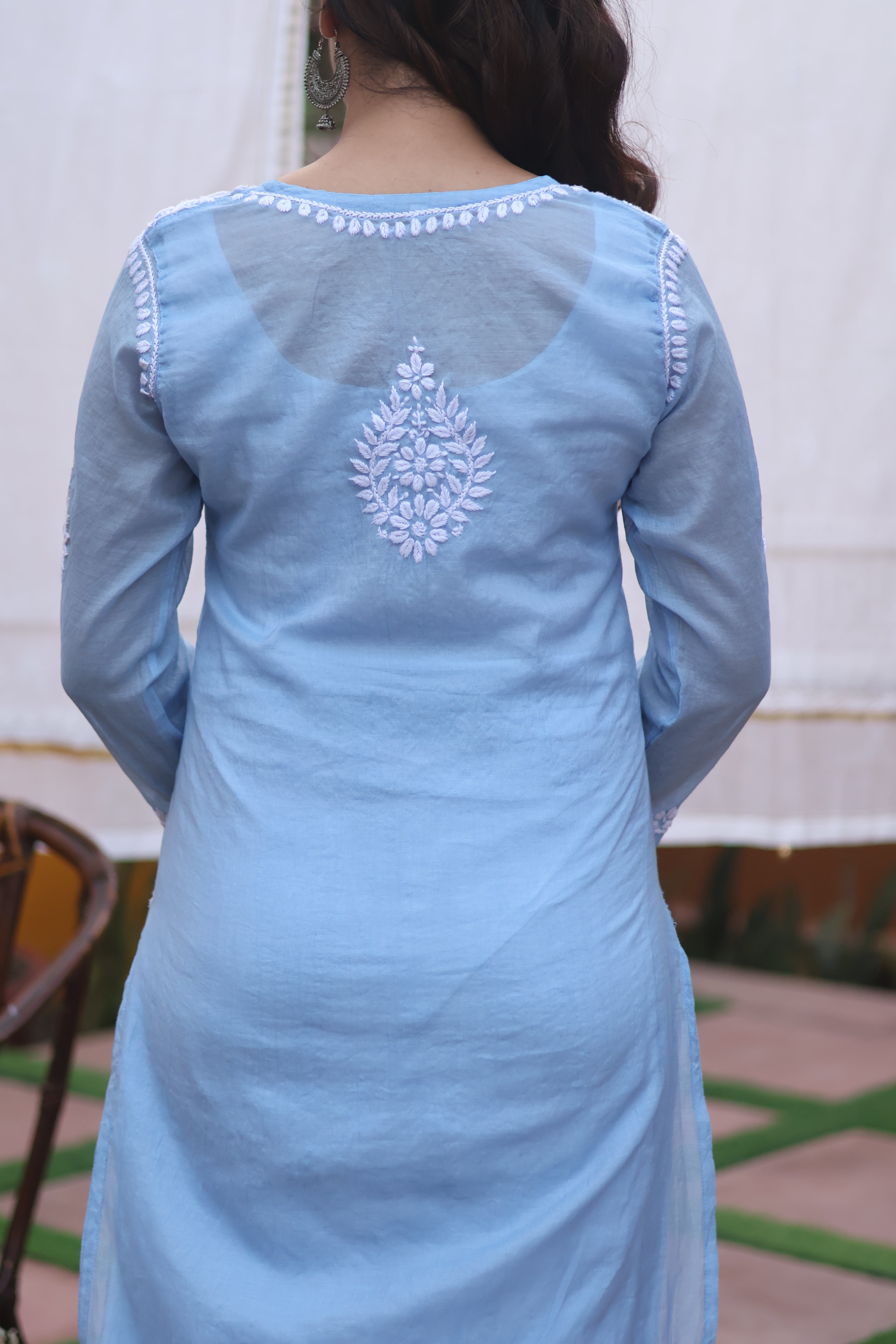 Blue Mul Chanderi Ghaspatti 3 Piece Set