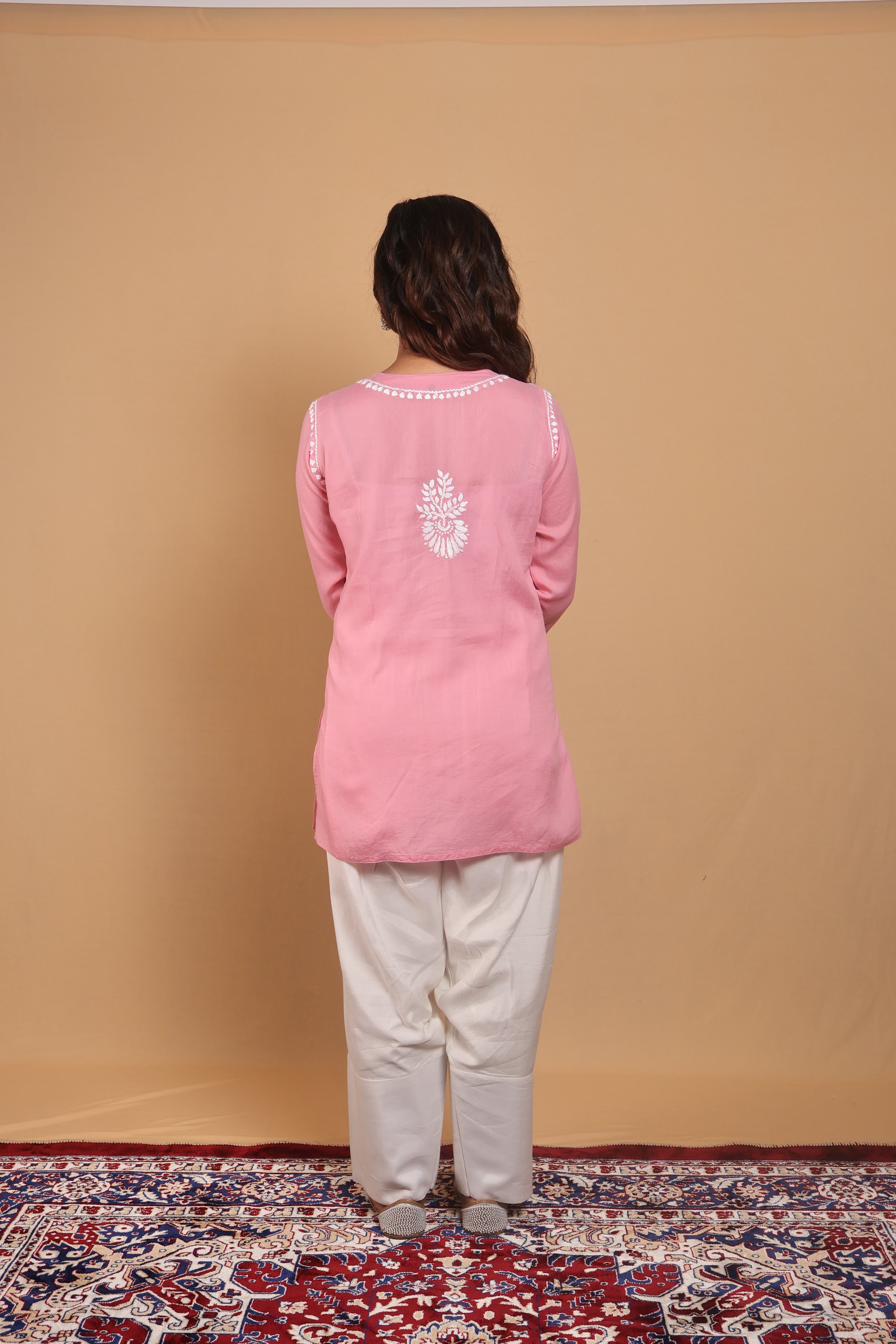 Peach Rayon Short Kurta Gala Boota 3 Piece Set