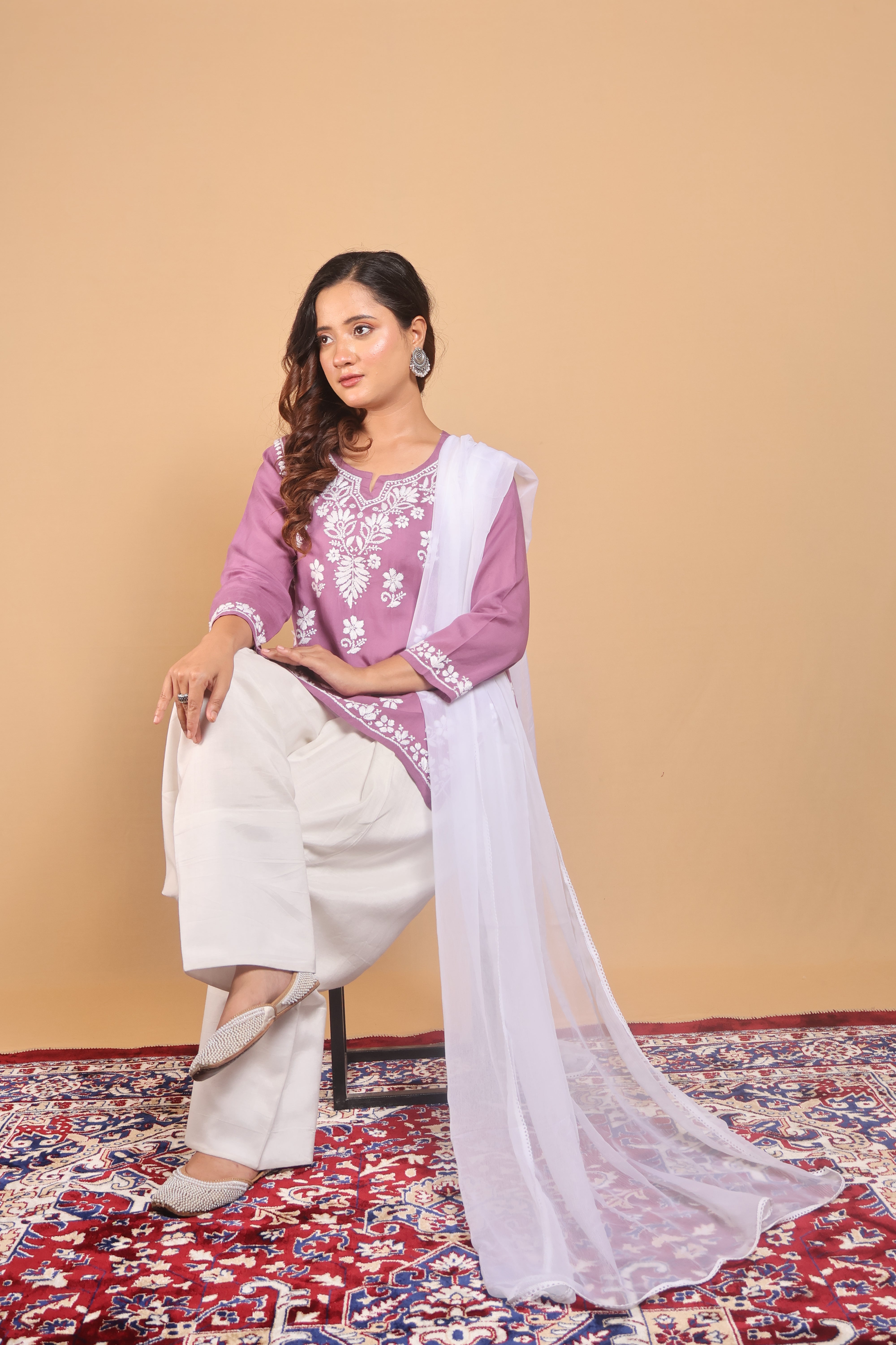 Purple Rayon Short Kurta Gala Boota 3 Piece Set
