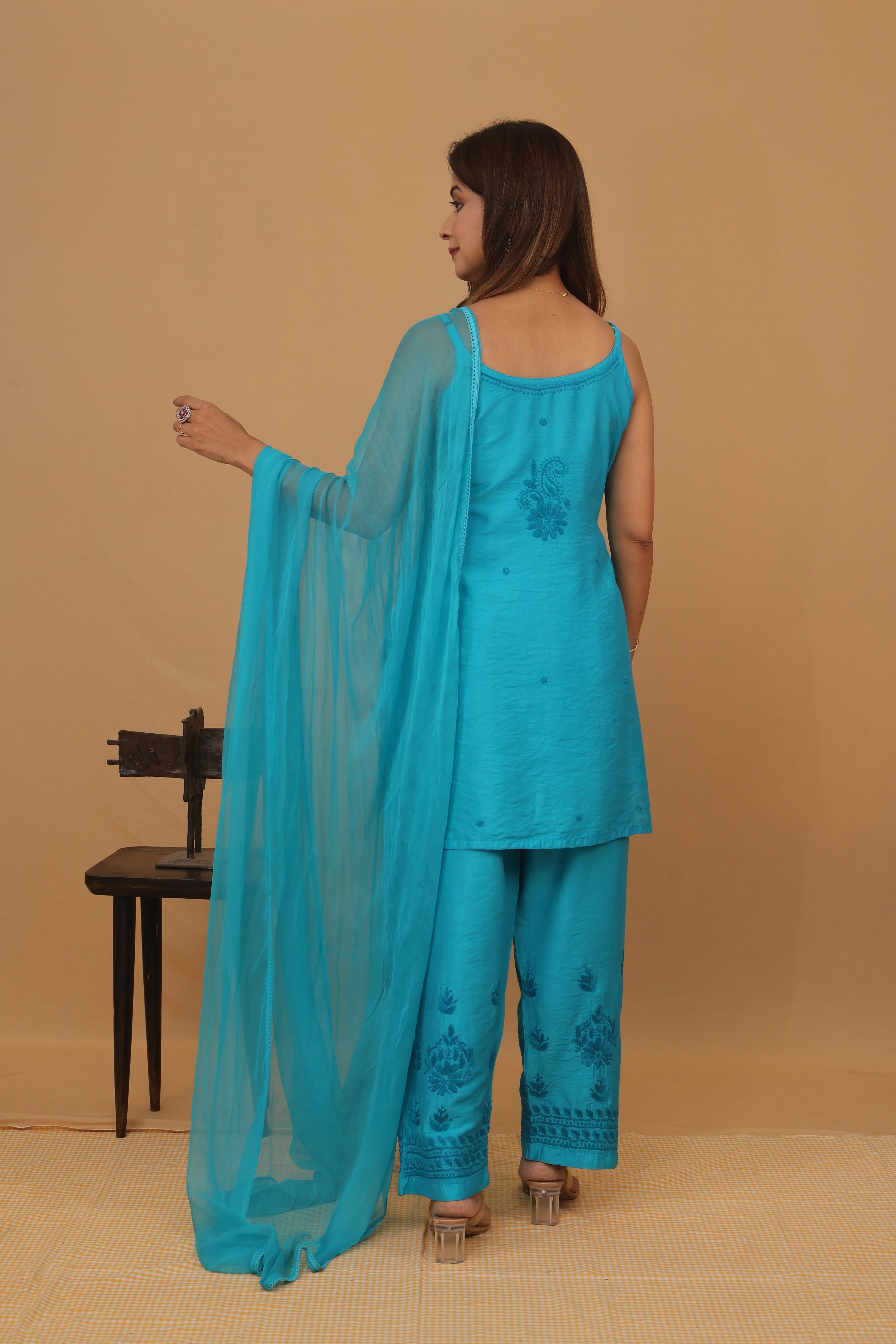 Peacock Chanderi Spaghetti Ghaaspatti 3 Piece Set