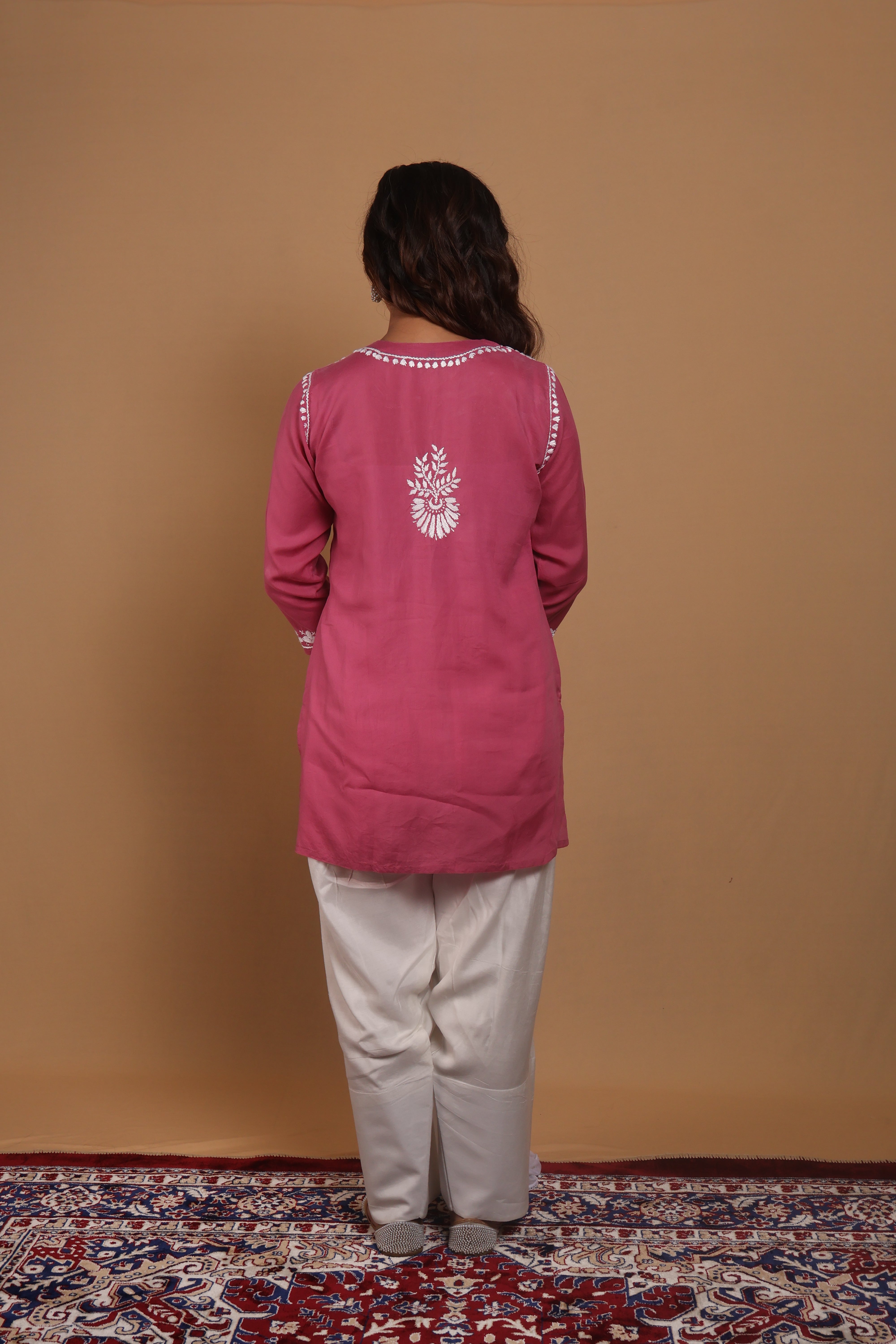 Pink Rayon Short Kurta Gala Boota