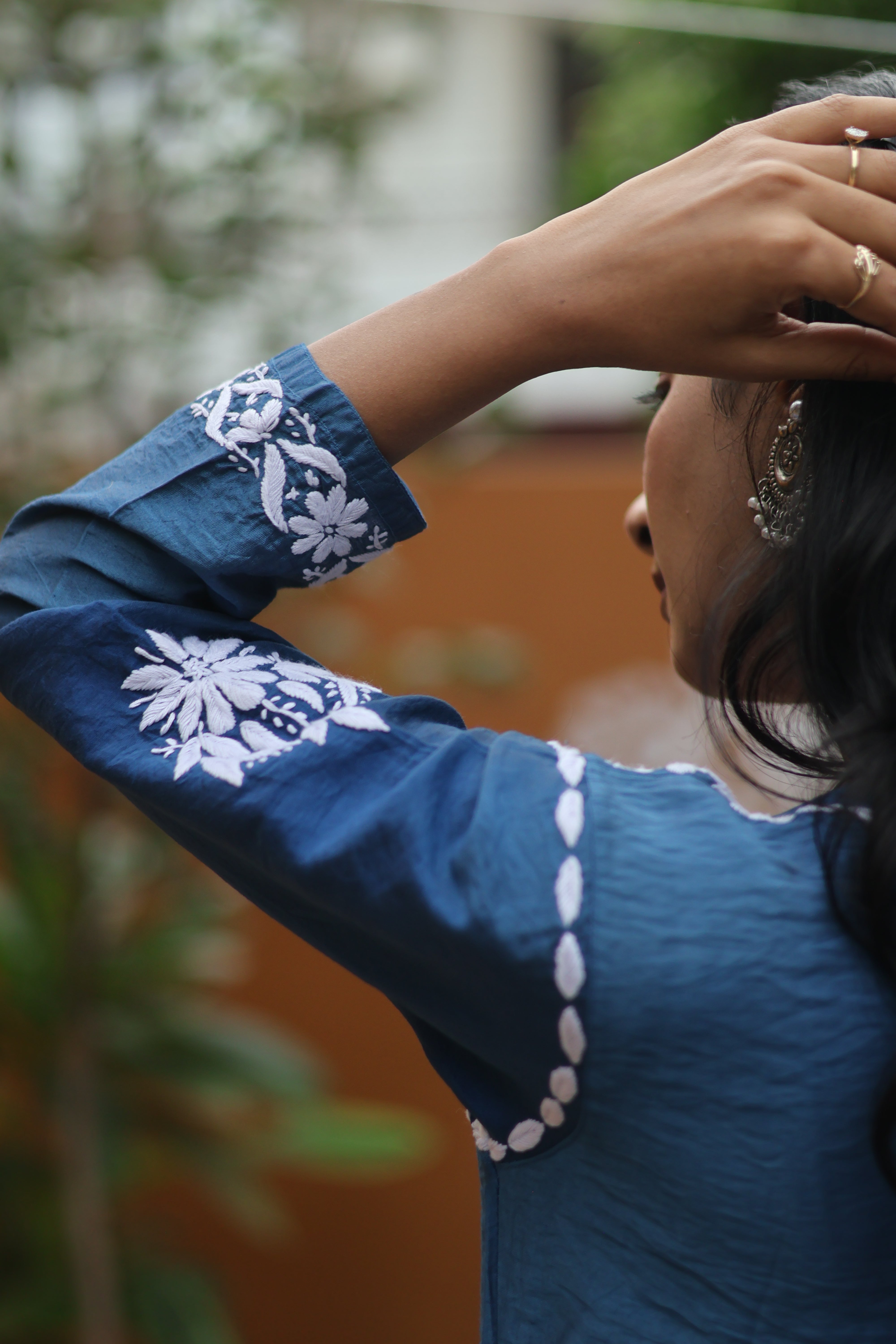 Blue Chanderi White Thread Ghaaspatti 3 Piece Set