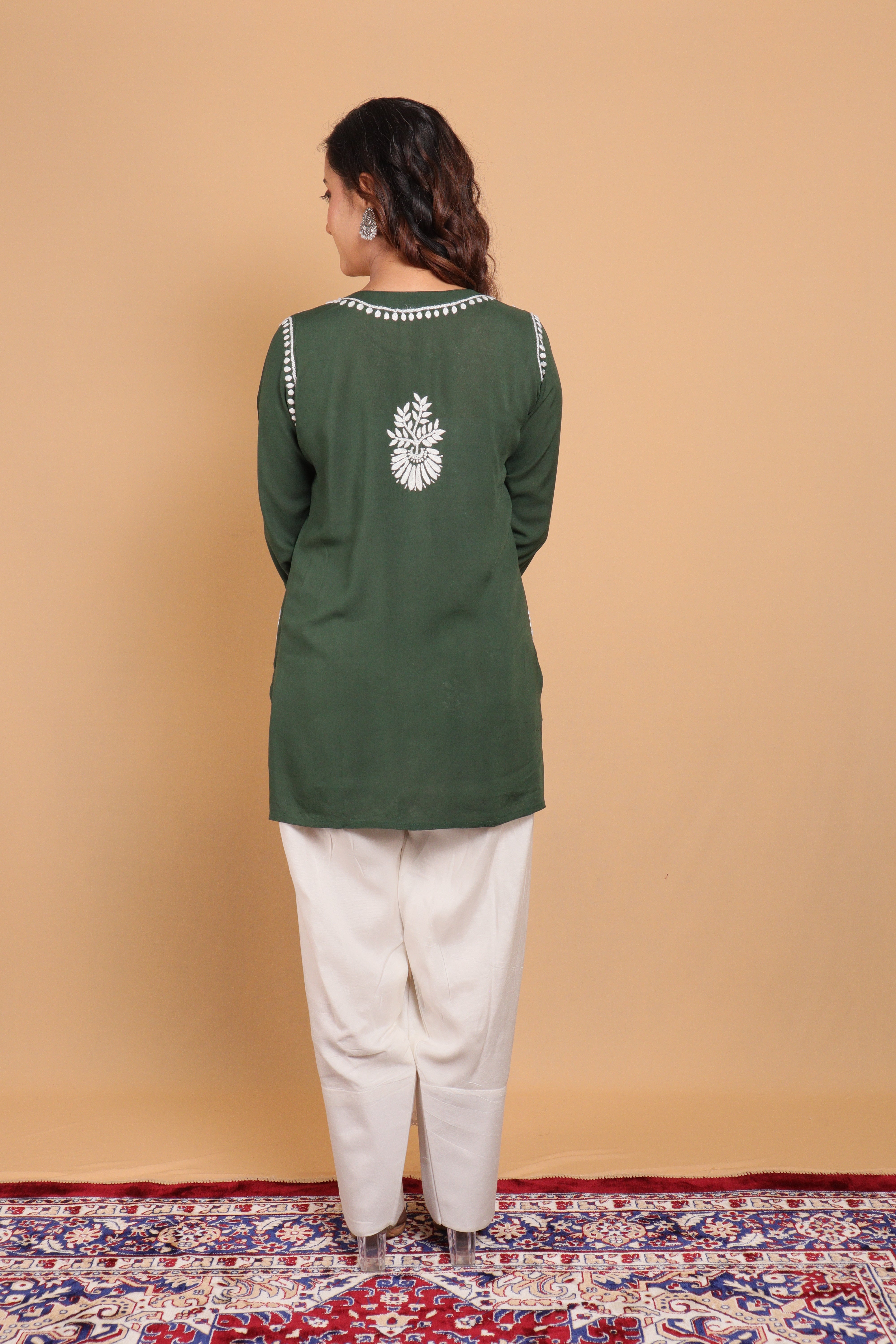 Dark Green Rayon Short Kurta Gala Boota 3 Piece Set
