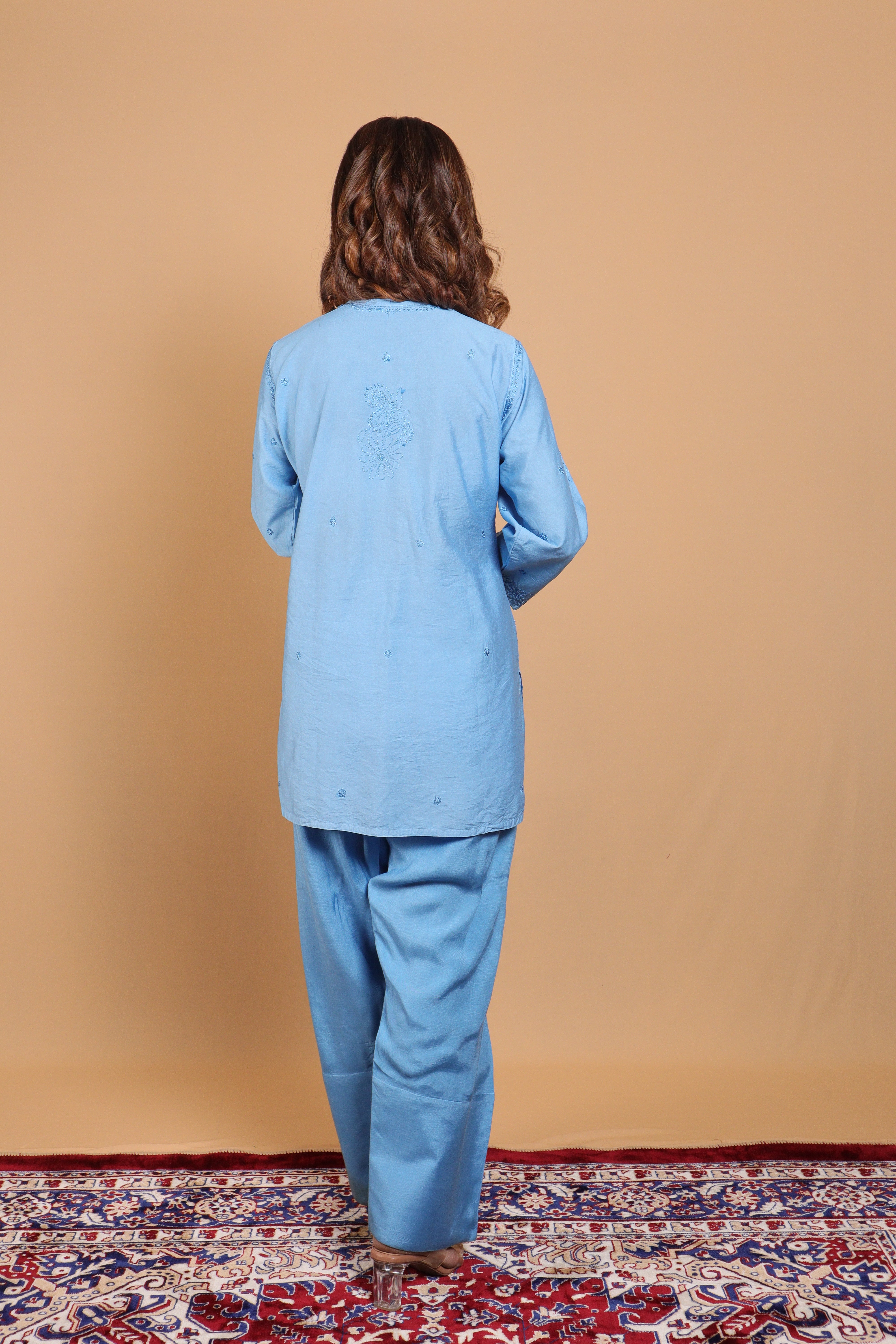 Blue Chanderi Short Kurti 2 Piece Set