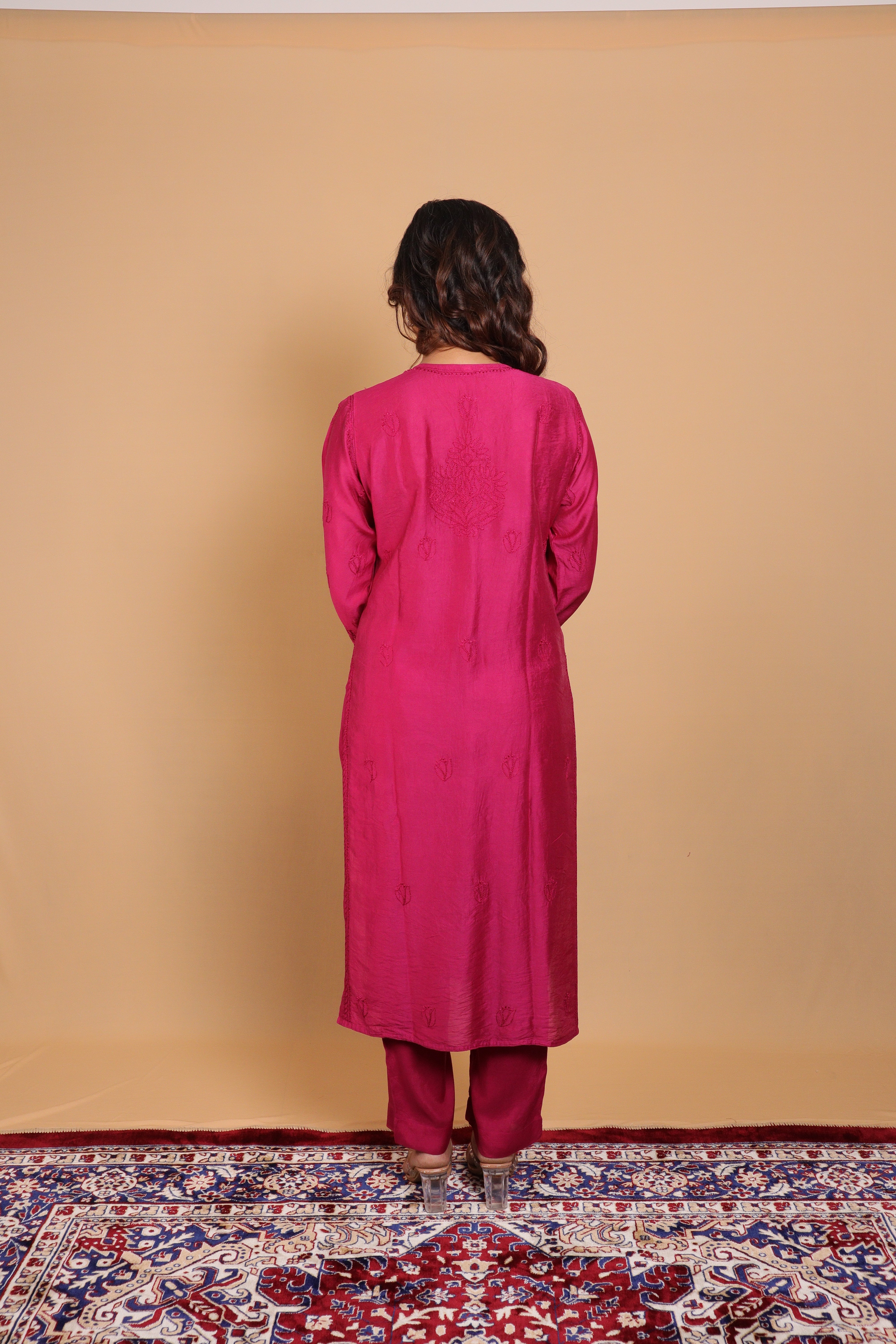 Purple Chanderi Long Kurti 3 Piece Set