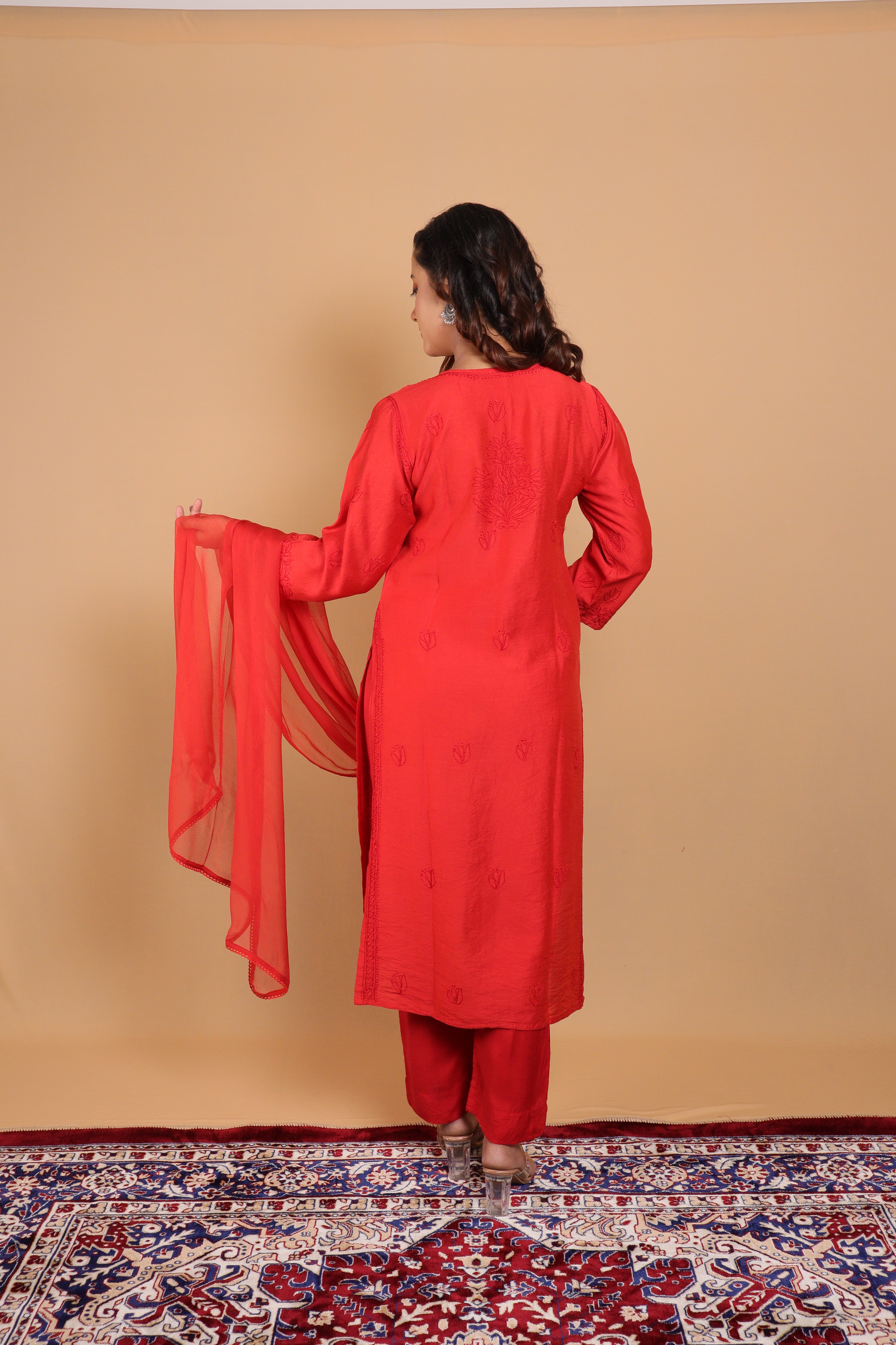 Red Chanderi Long Kurti 3 Piece Set