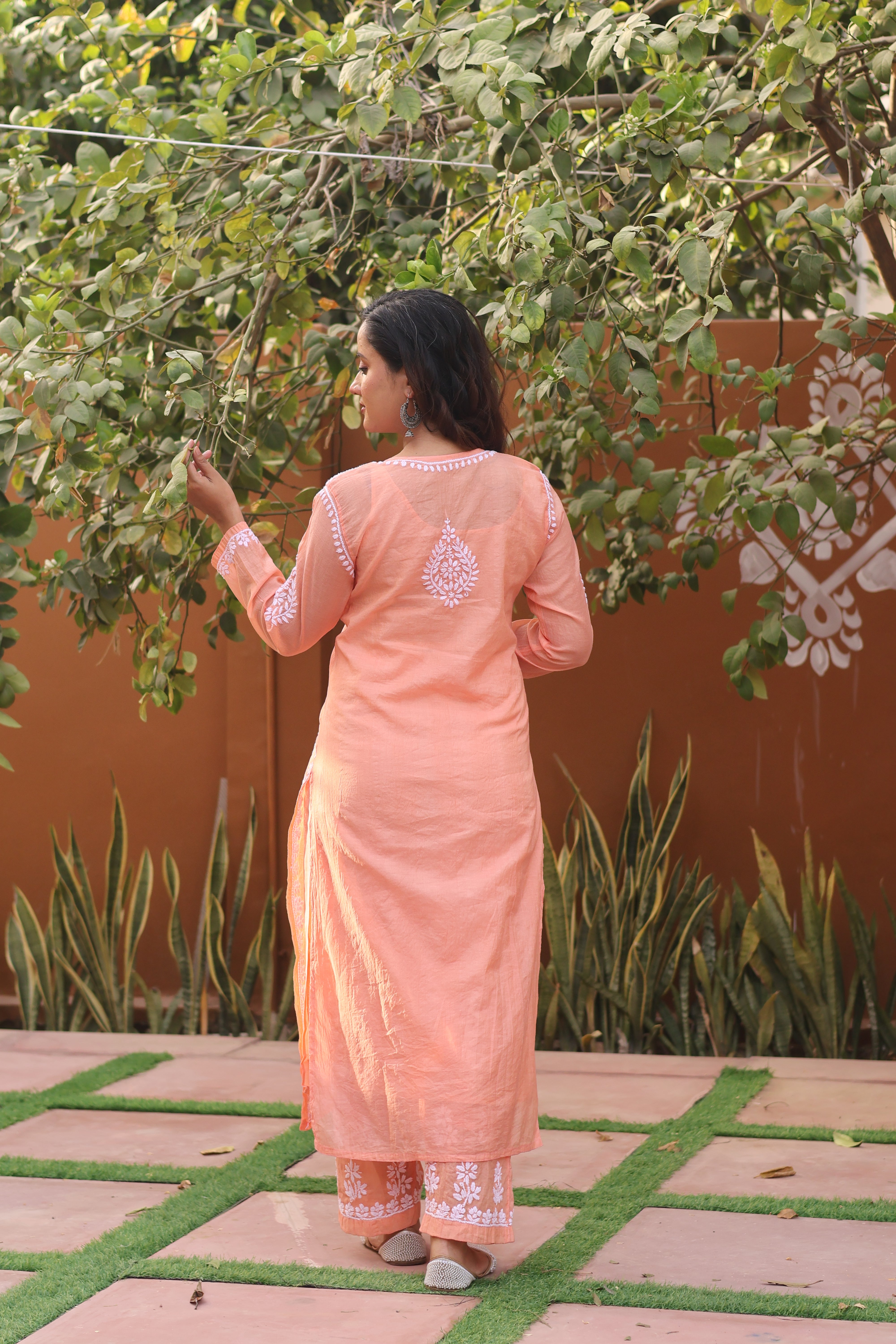 Peach Mul Chanderi Ghaspatti 3 Piece Set