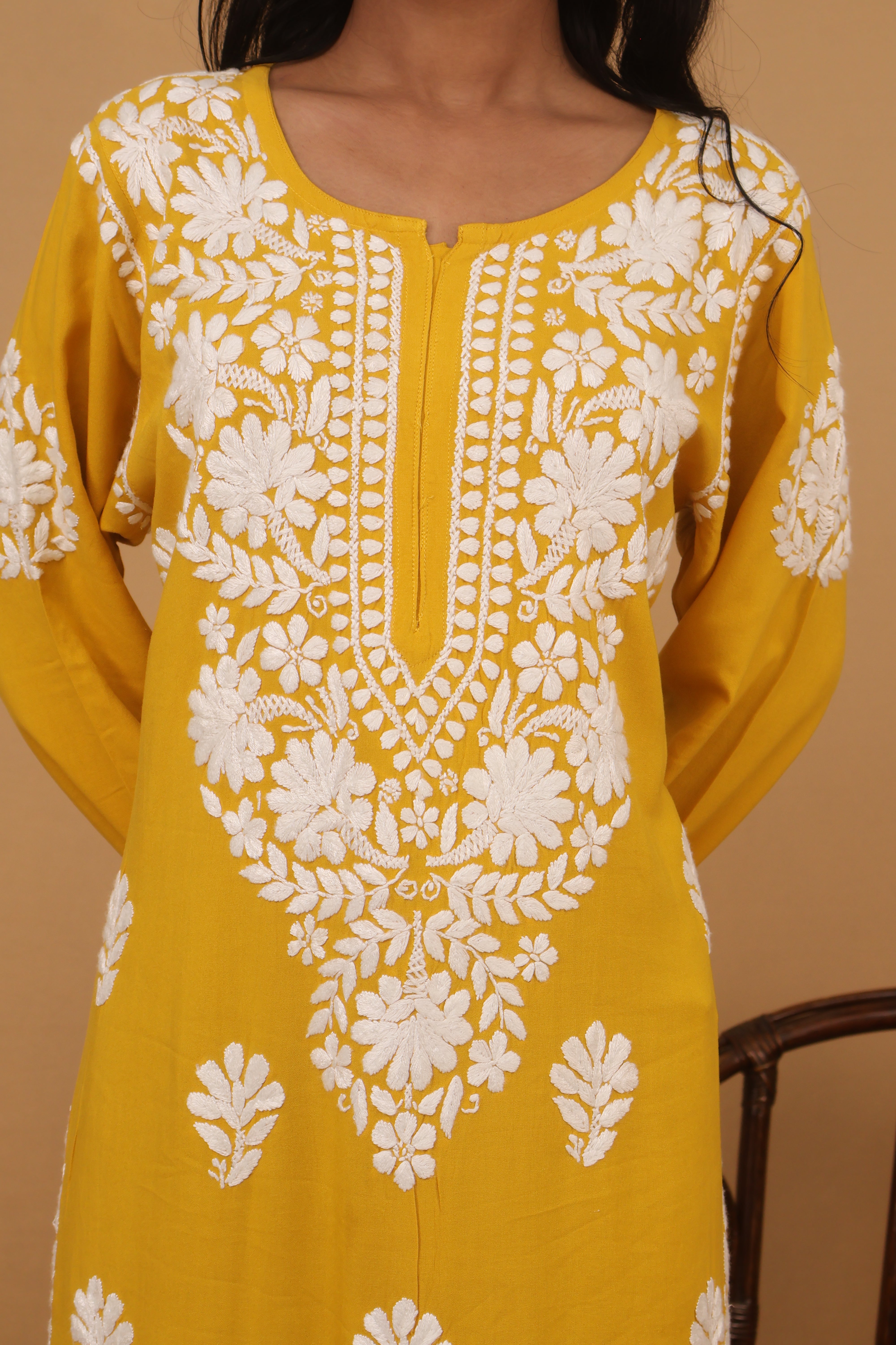 Mustard Rayon White Long Kurti