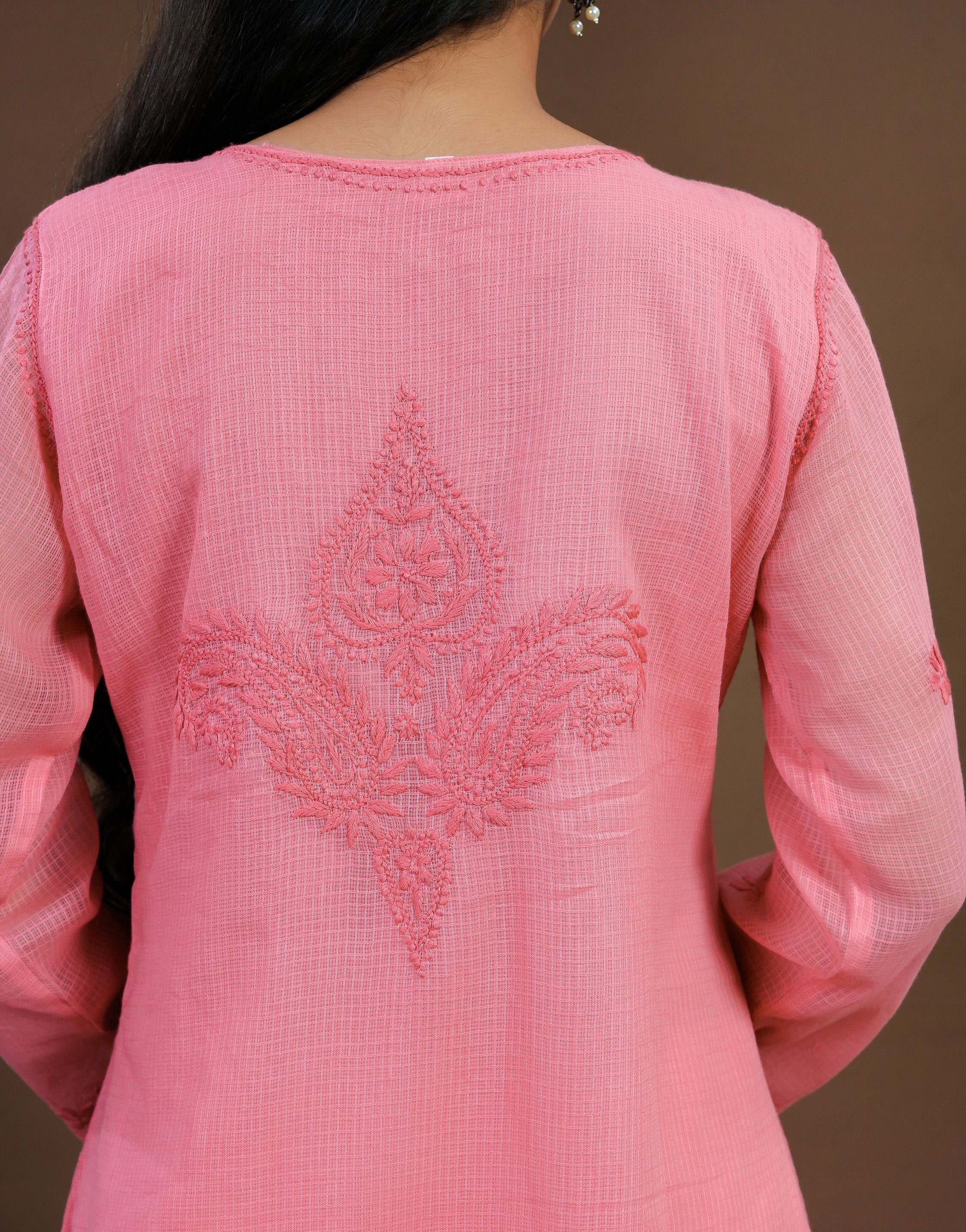 Urviya Chikankari Kota Doria Long Kurti - Shrug Style Pink