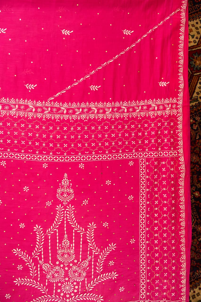 Premium Mul Chanderi Chikankari Cotton Saree with Palla & Booti Mukaish Work
