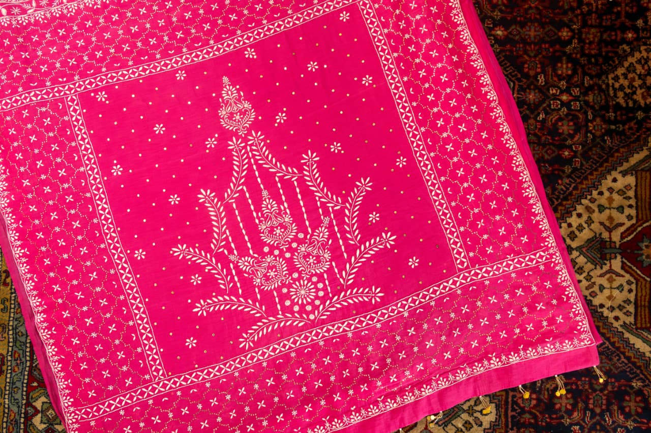 Premium Mul Chanderi Chikankari Cotton Saree with Palla & Booti Mukaish Work