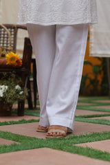 White Cotton Plain Straight Pant - 0