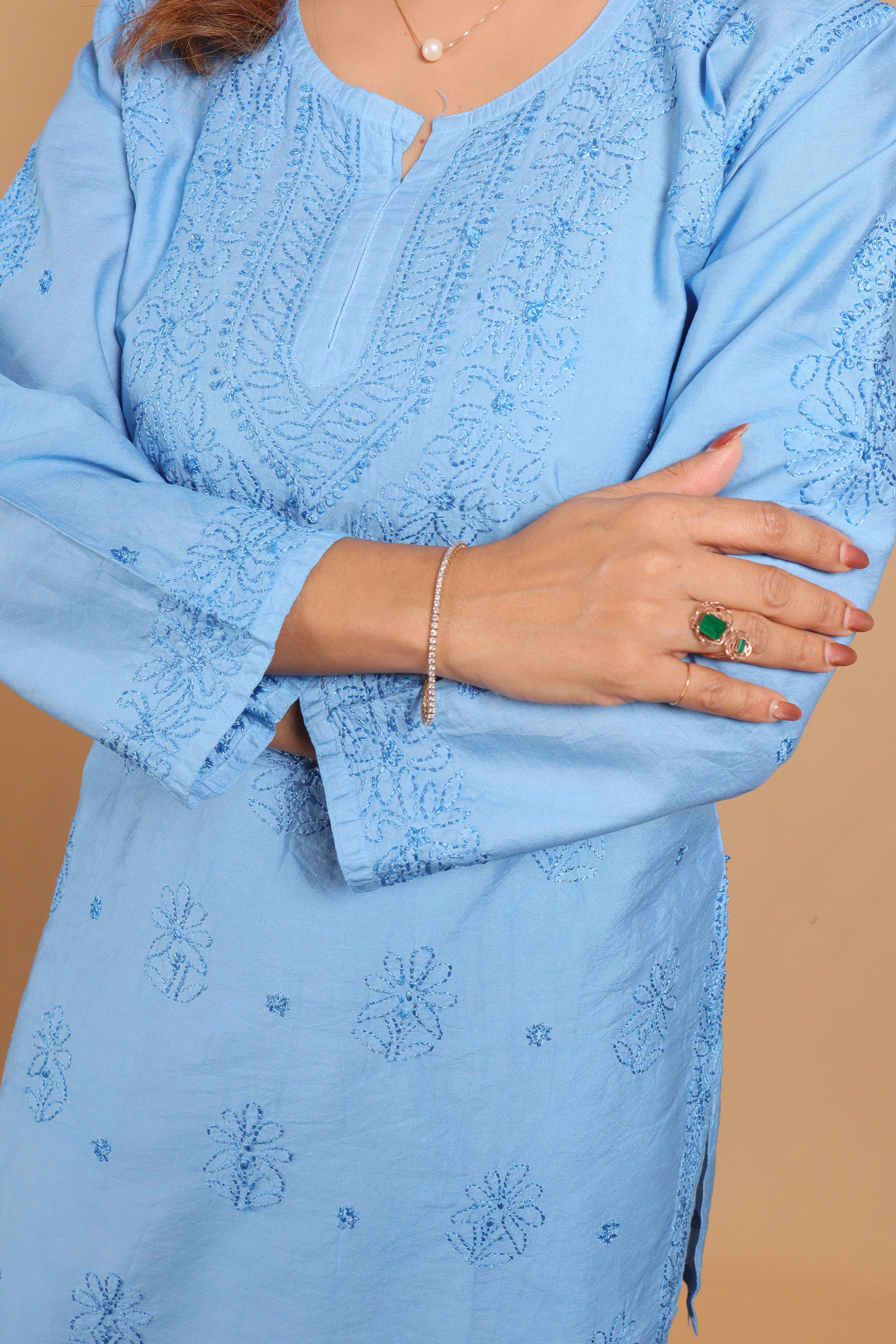Blue Chanderi Short Kurti 2 Piece Set