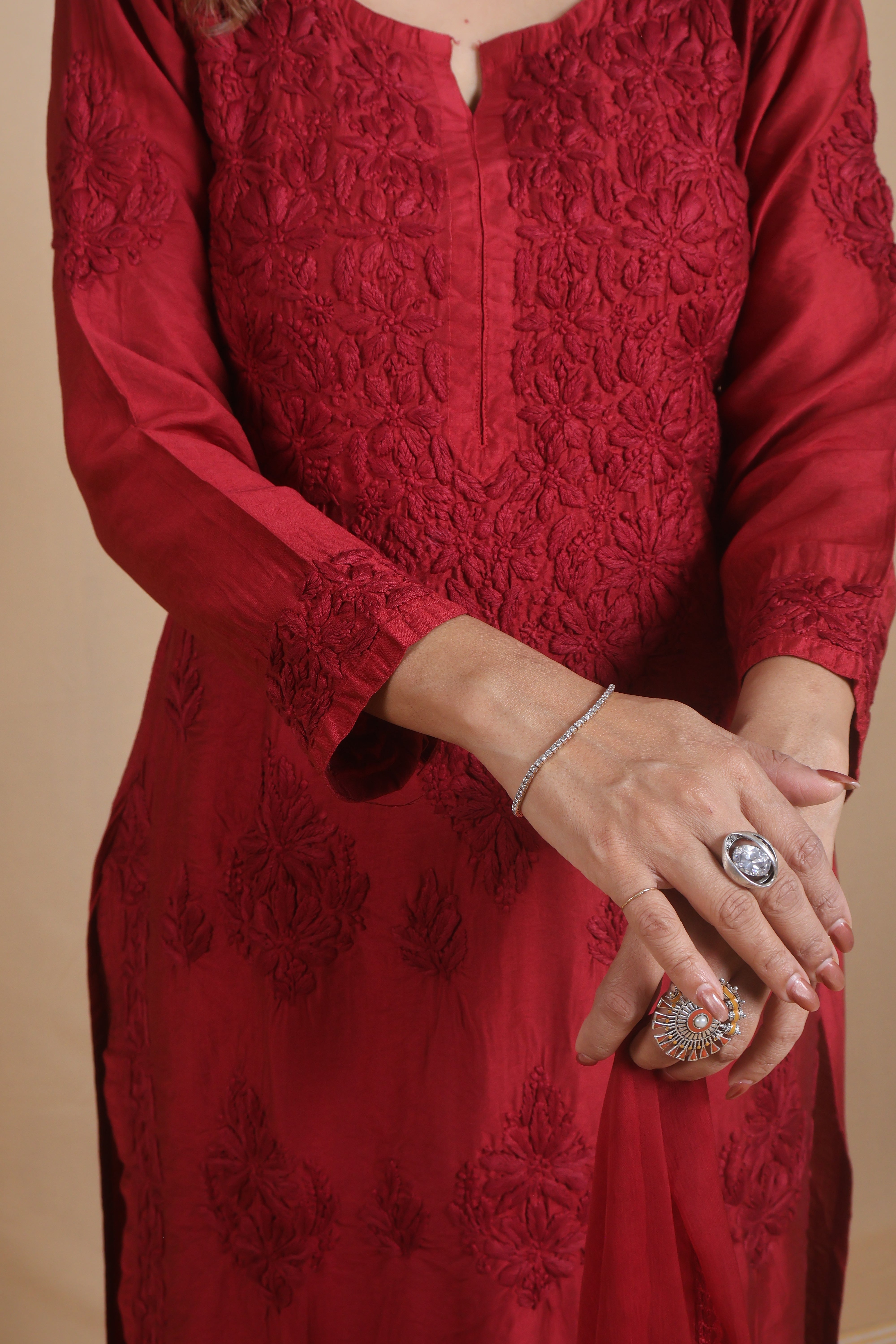Red Chanderi Ghaspatti 3 Piece Set