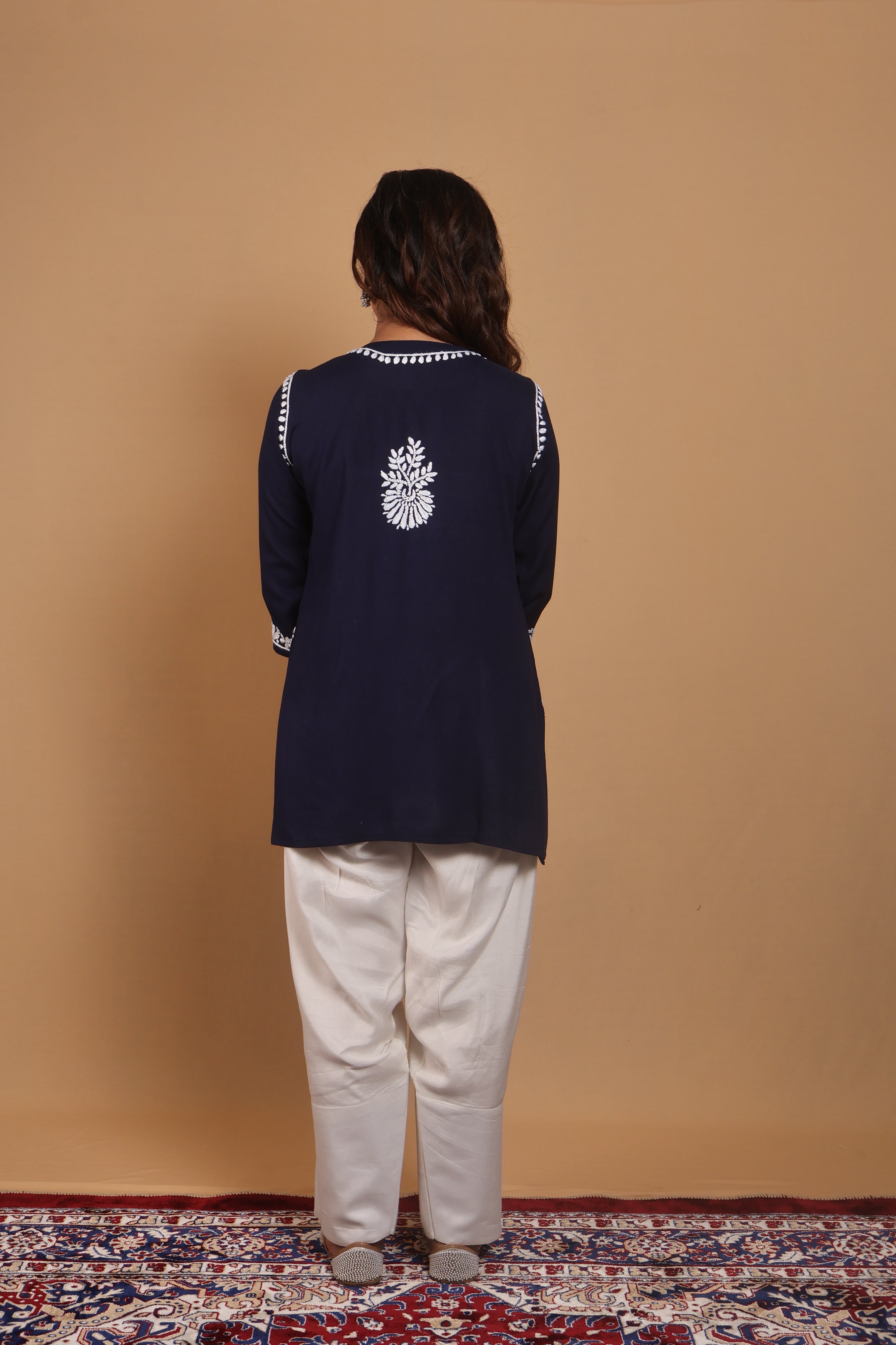 Navy Blue Rayon Short Kurta Gala Boota