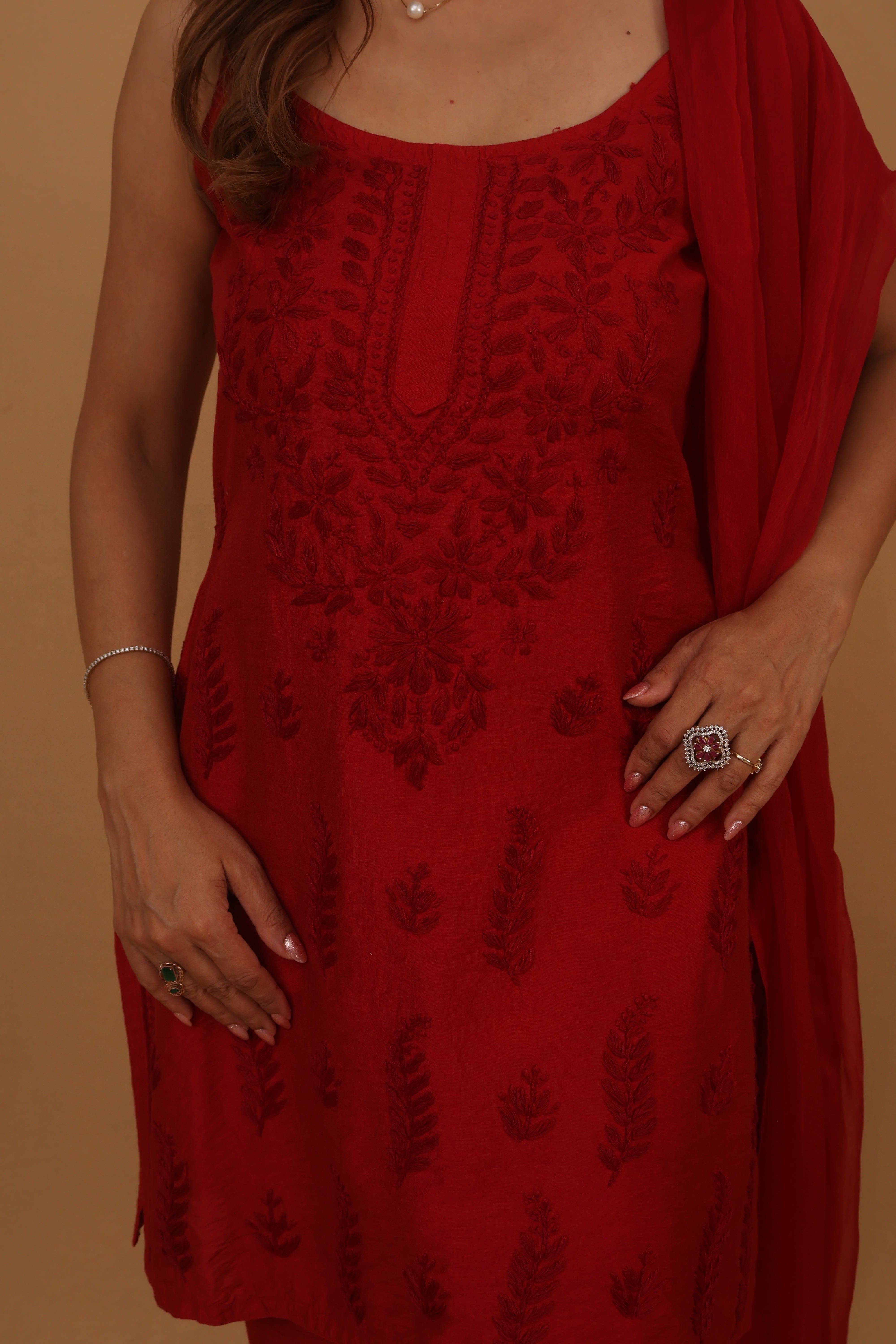 Red Chanderi Spaghetti Ghaaspatti 3 Piece Set