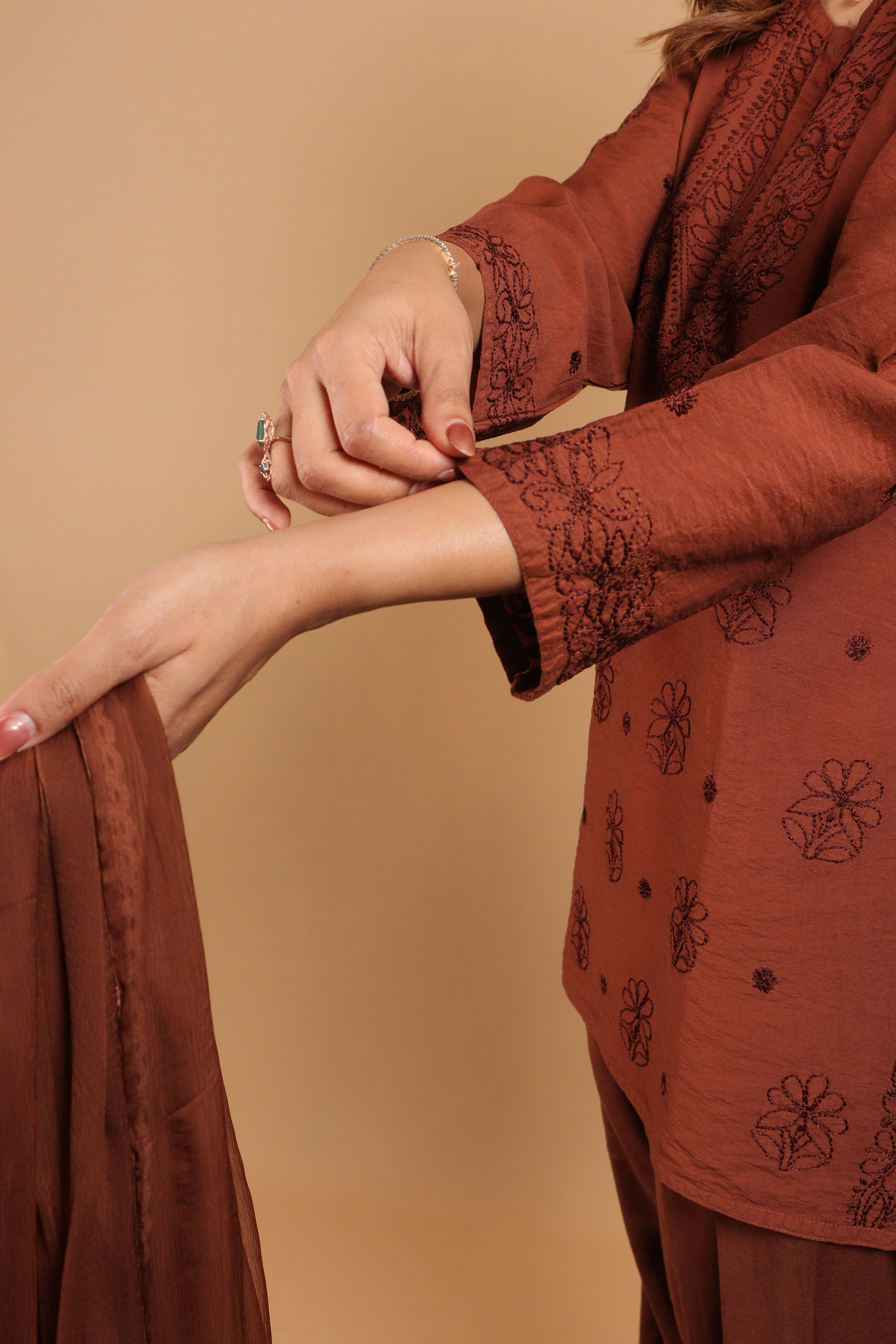 Brown Chanderi Short Kurti 2 Piece Set