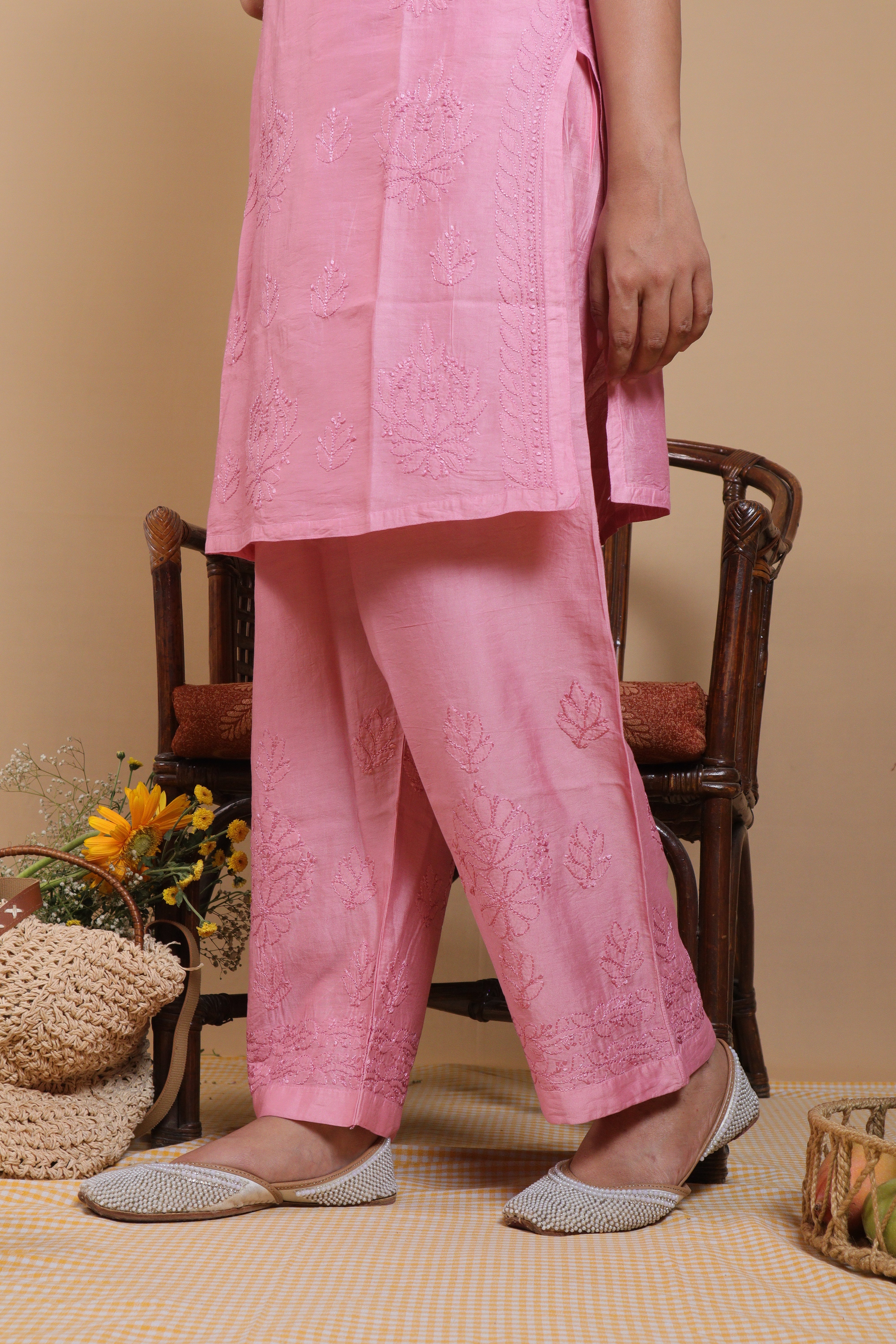Pink Chanderi Spaghetti Bakhiya 2 Piece Set