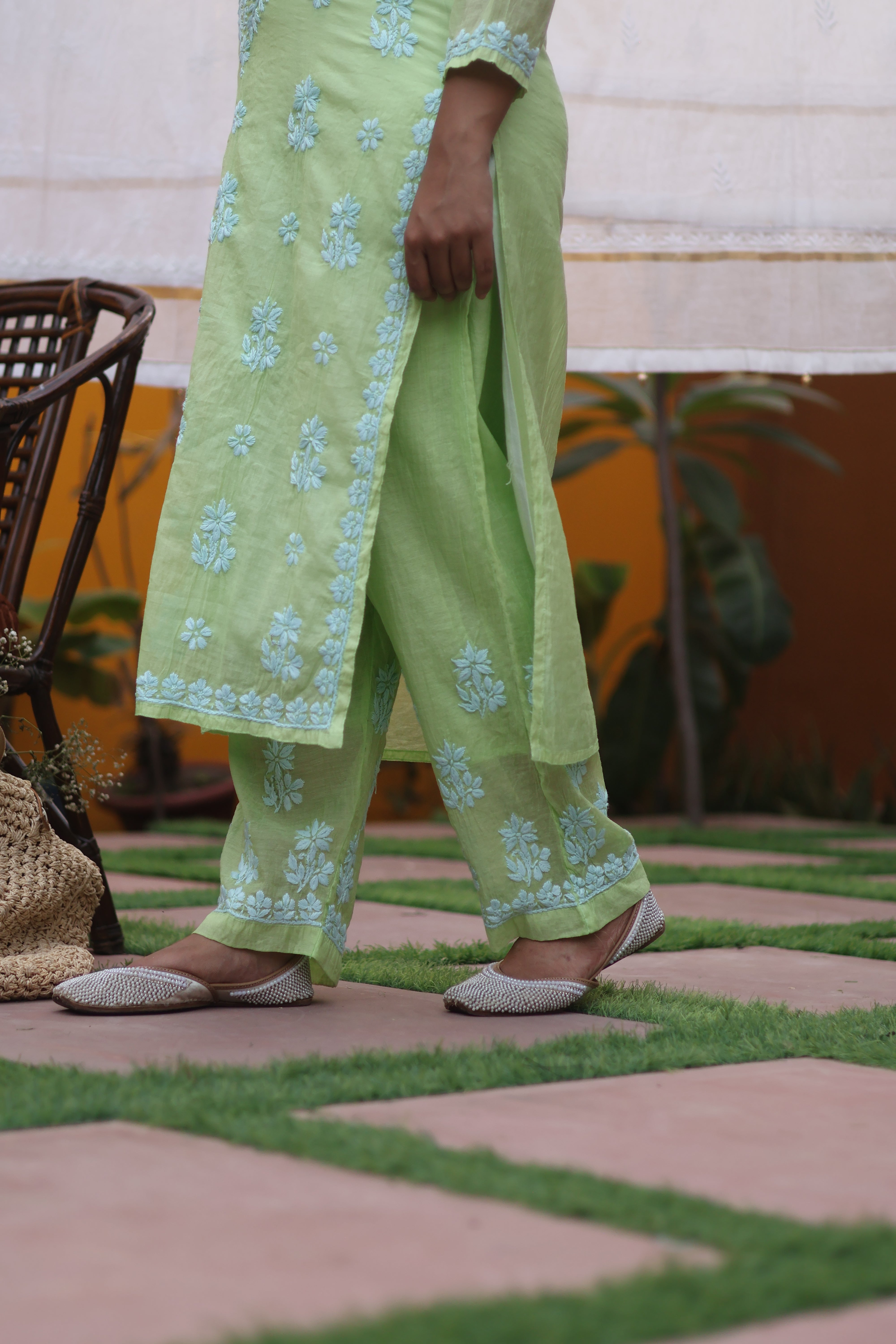 Green Mul Chanderi Ghaspatti 3 Piece Set
