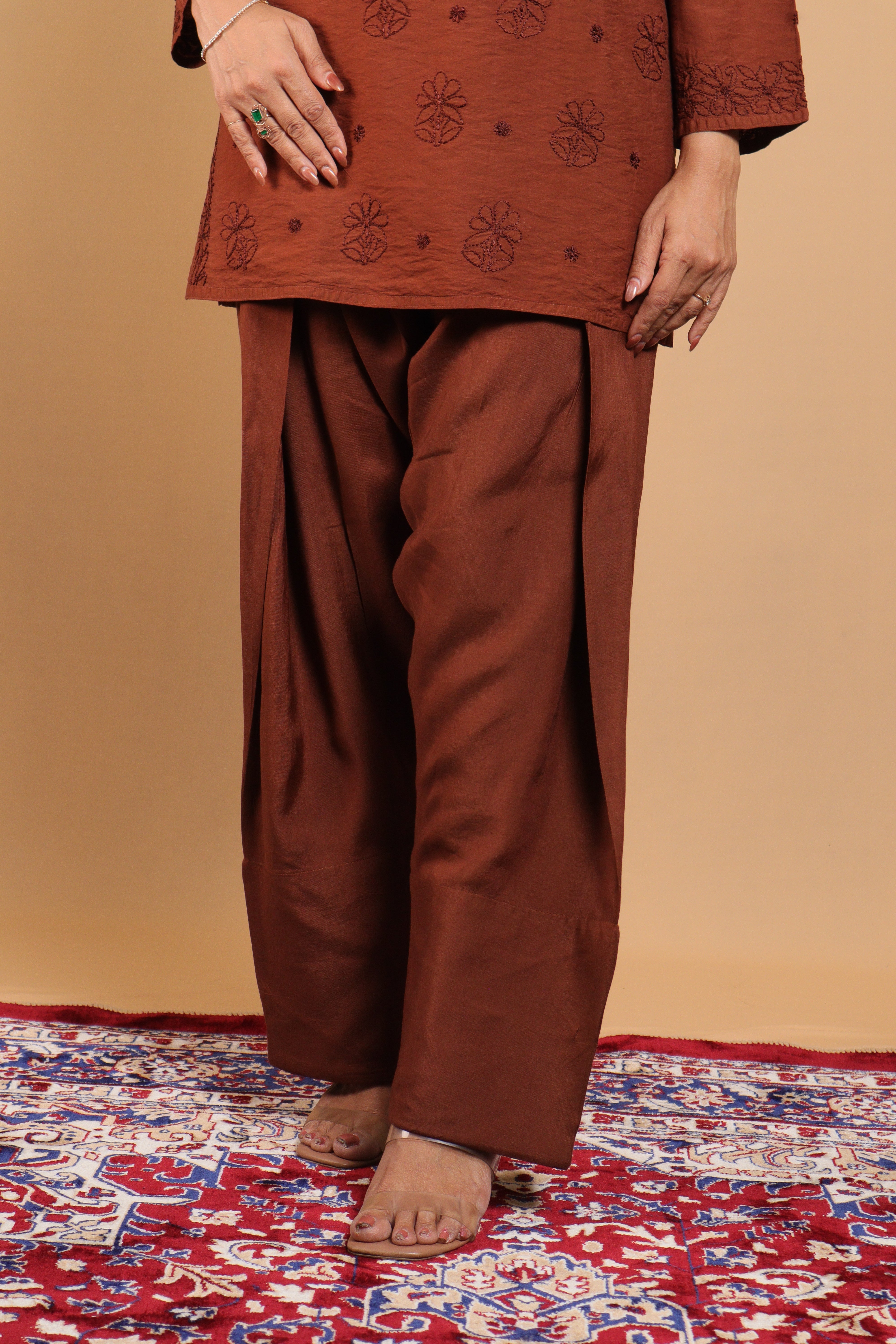 Brown Chanderi Short Kurti 2 Piece Set