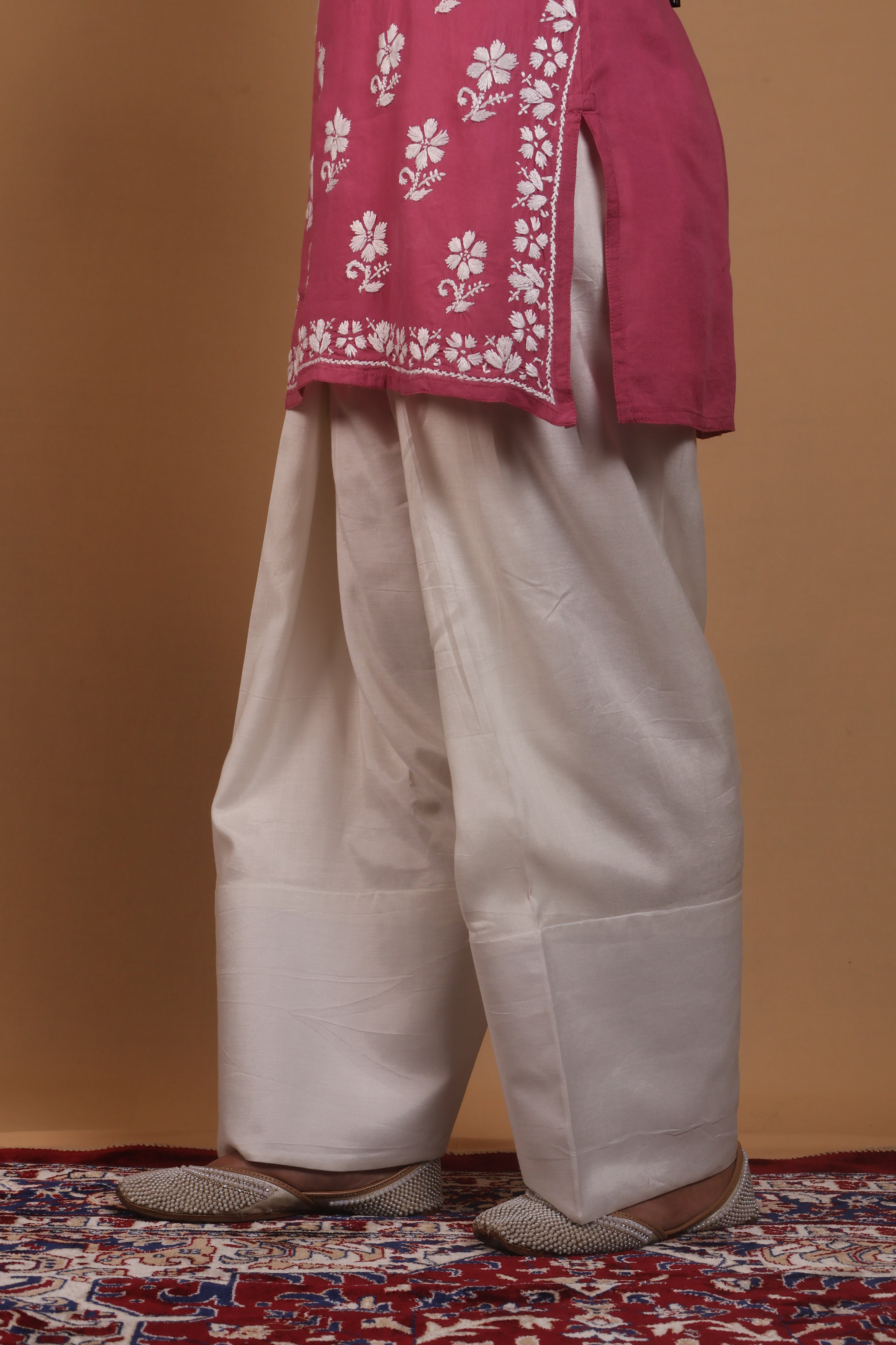 Pink Rayon Short Kurta Gala Boota 2 Piece Set