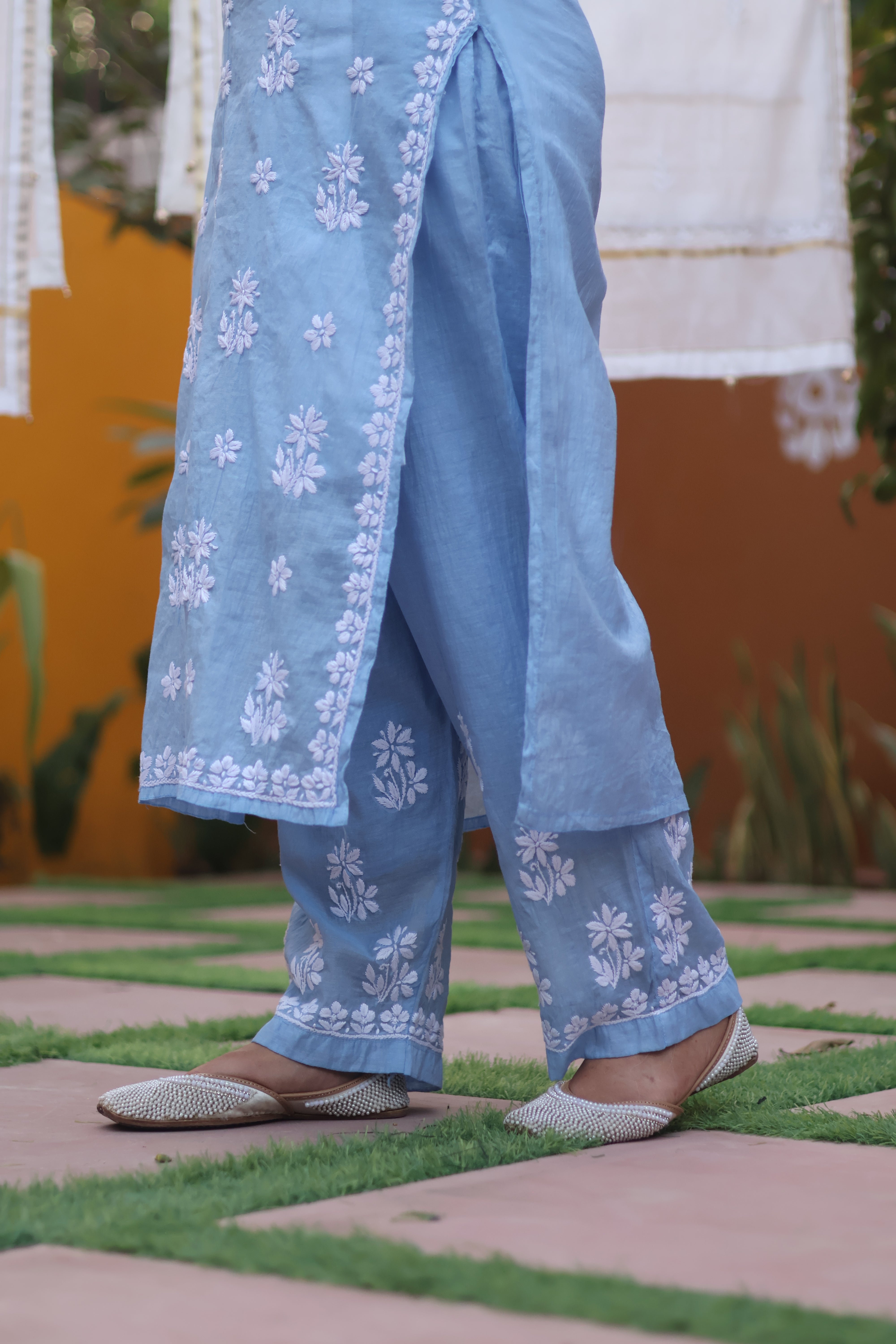 Blue Mul Chanderi Ghaspatti 2 Piece Set