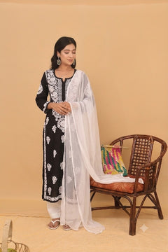 Black Rayon White Thread Long Kurti 3 Piece Set