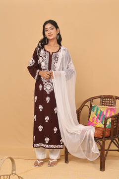 Brown Rayon White Thread Long Kurti 3 Piece Set
