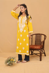 Mustard Rayon White Thread Long Kurti 2 Piece Set