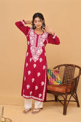 Wine Rayon White Thread Long Kurti 2 Piece Set